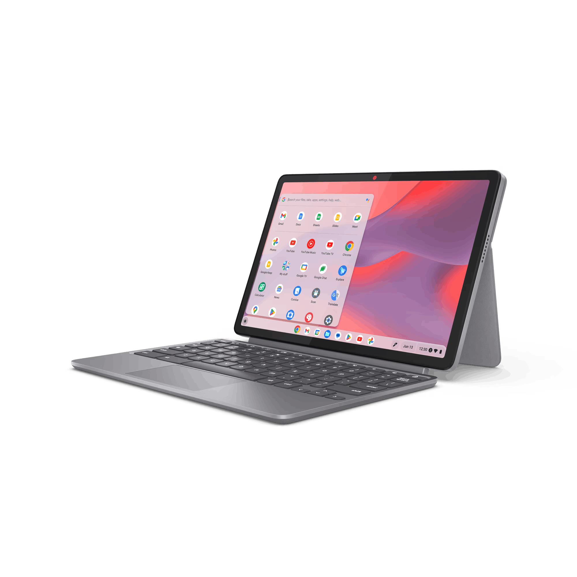 Una tableta con un teclado. El fondo es un paisaje rojo y rosa.