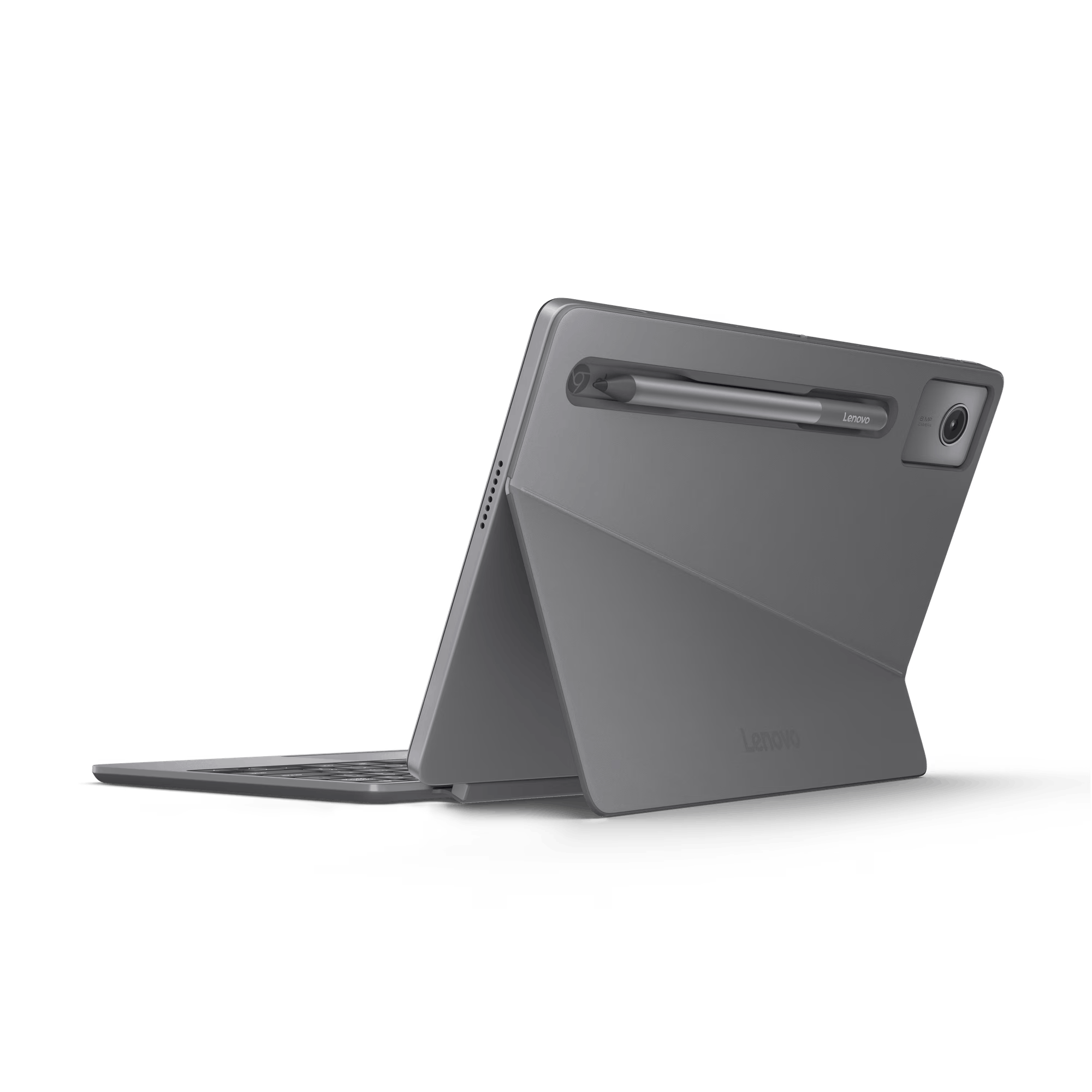 Una tableta con un bolígrafo y una funda de teclado. El fondo es negro.