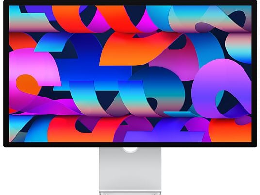 Un moniteur affiche un design abstrait et coloré avec des formes ondulées et diverses couleurs.