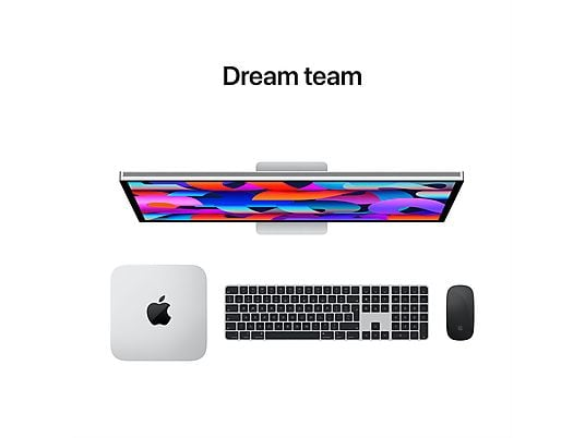 Vue de dessus de l'iMac, du clavier, de la souris et du Mac mini. L'écran affiche un motif coloré, le tout sur fond blanc.