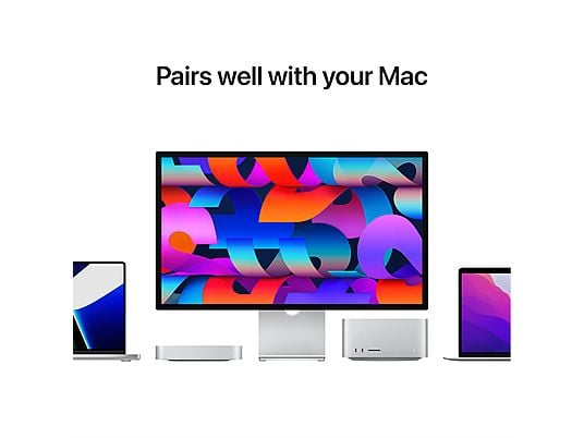 Plusieurs appareils Apple, dont un iMac, des ordinateurs portables et un Mac mini, sont affichés sur fond blanc.