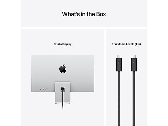 Arrière d'un Studio Display avec le logo Apple, à côté de deux câbles Thunderbolt noirs sur fond blanc.