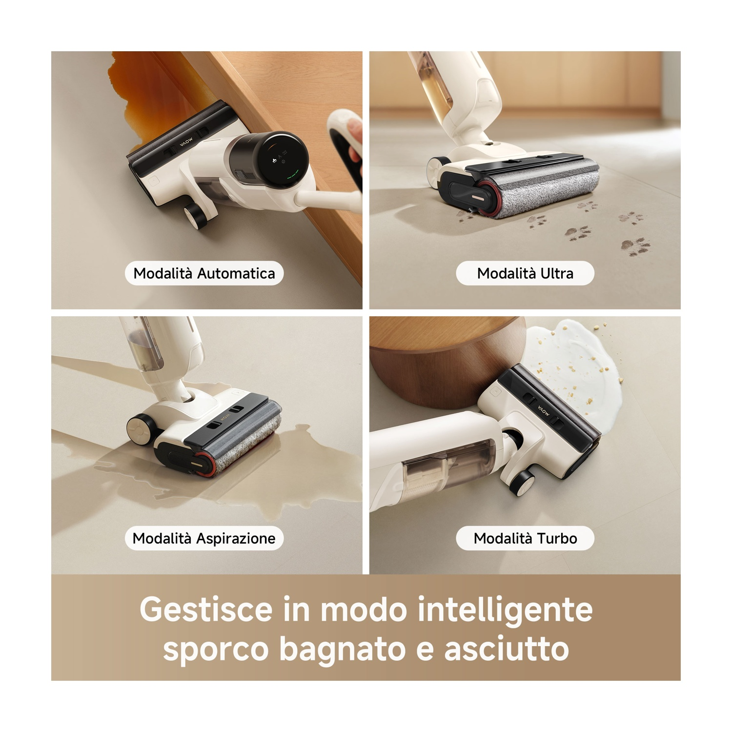 Diverse modalità di un dispositivo di pulizia: Auto, Ultra, Aspirazione, Turbo. Il dispositivo pulisce bagnato e asciutto.