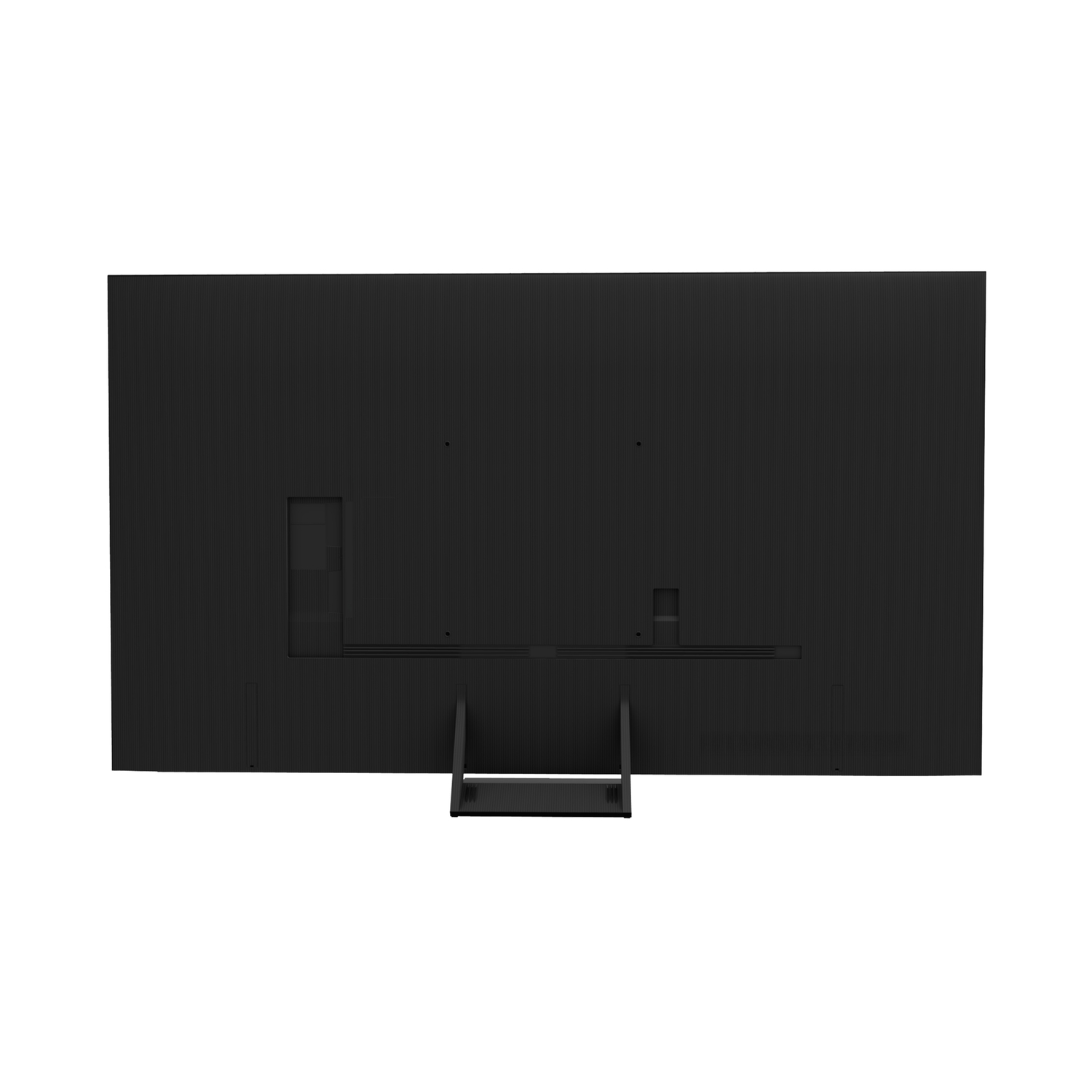 Back of a black TV with stand. Features ports and openings.