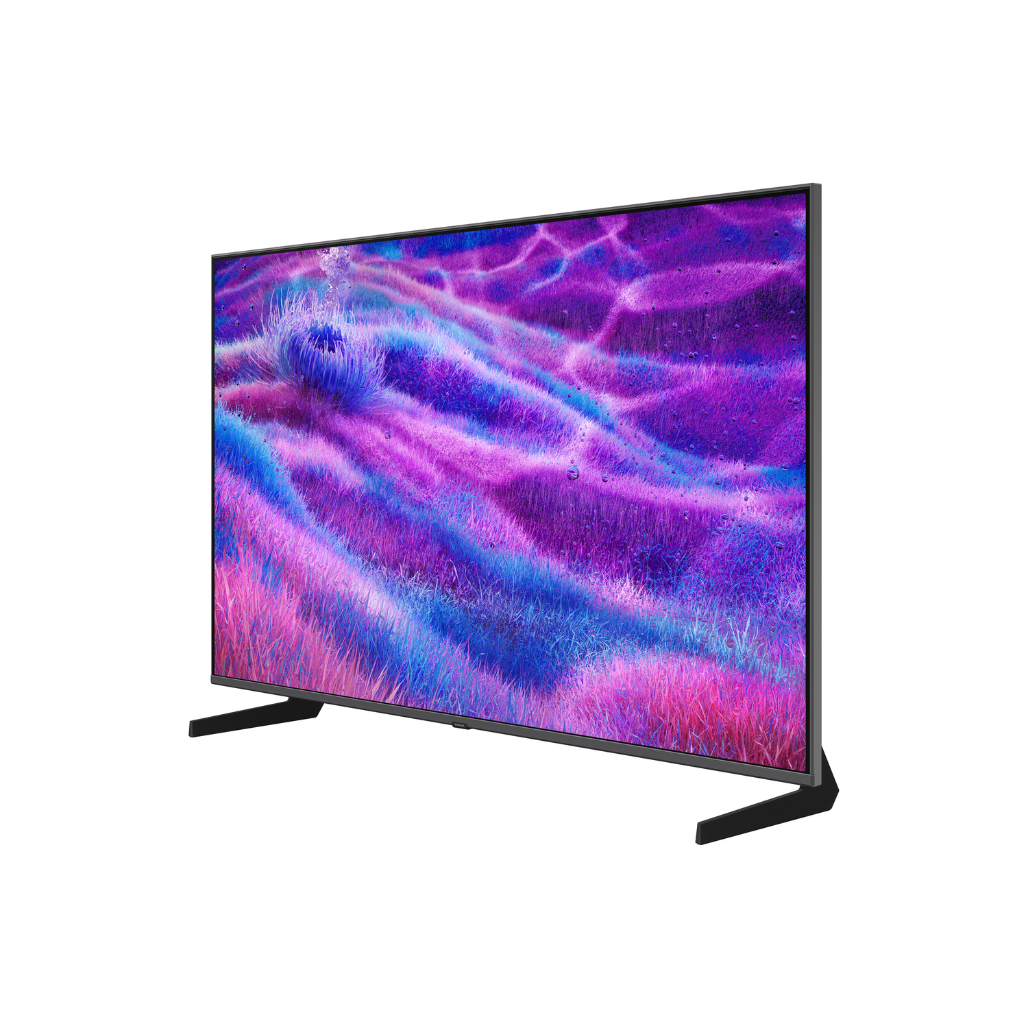 TV with colorful abstract pattern, viewed from a side angle, on a white background.