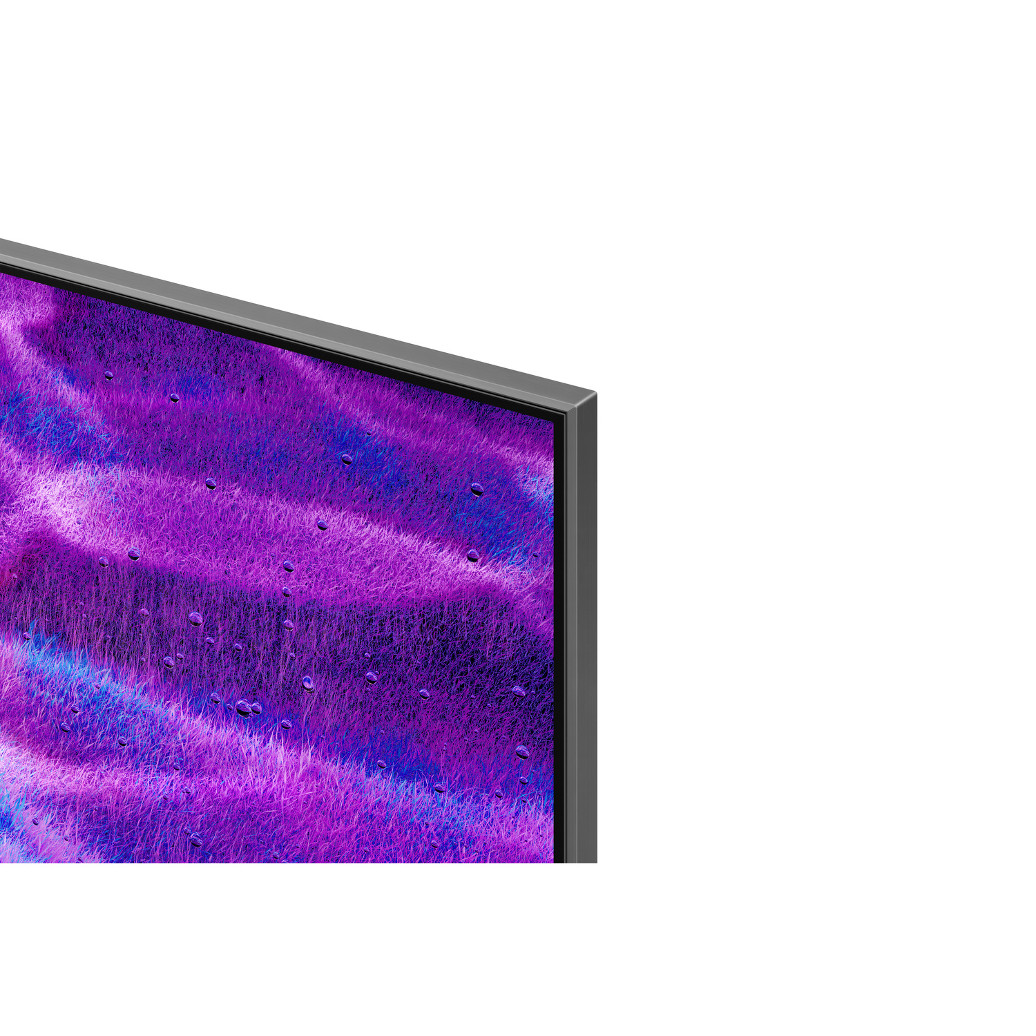 Close-up of a TV corner. Purple and blue hues with water spots. Black frame surrounds the screen.