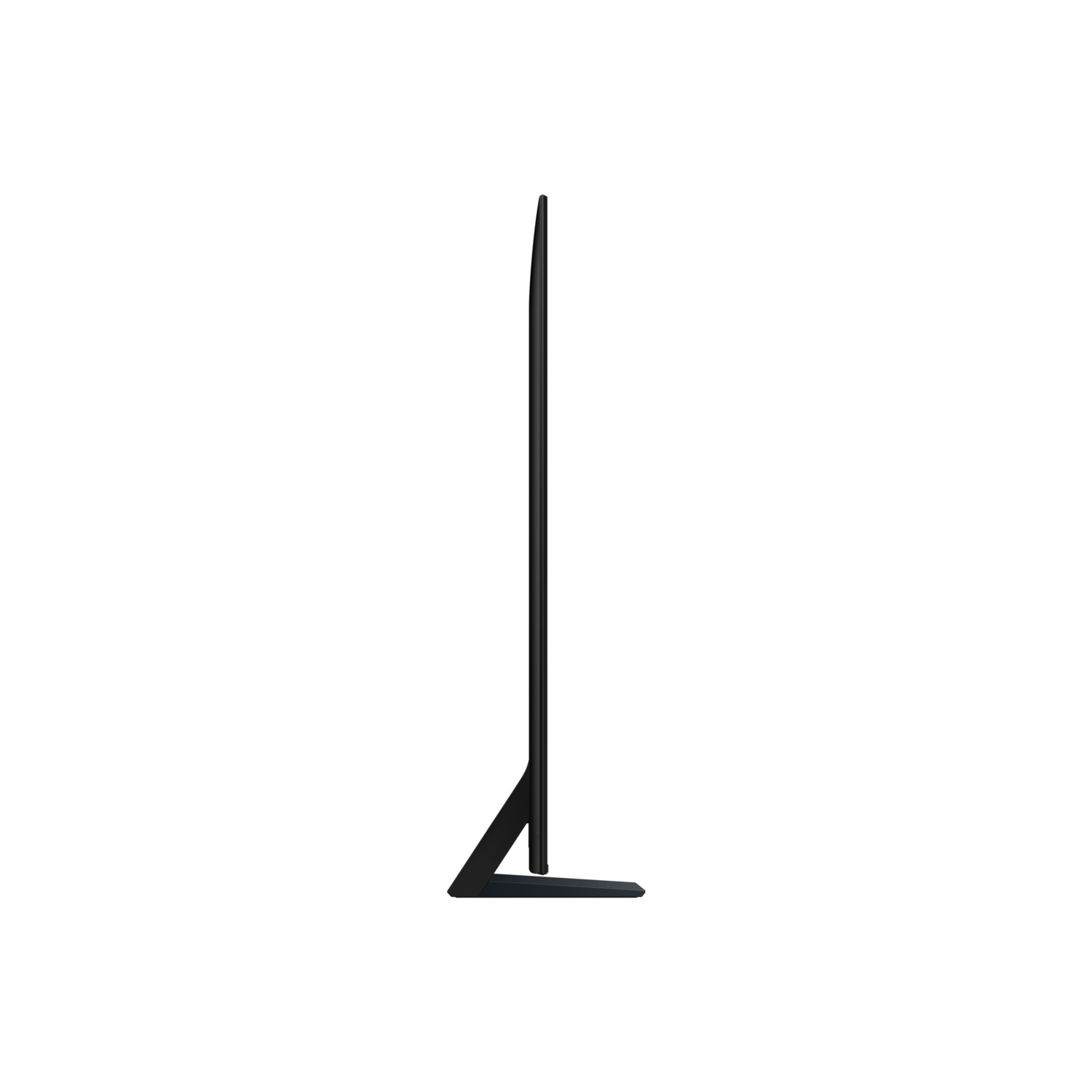 Black TV profile view, slim design, with stand.