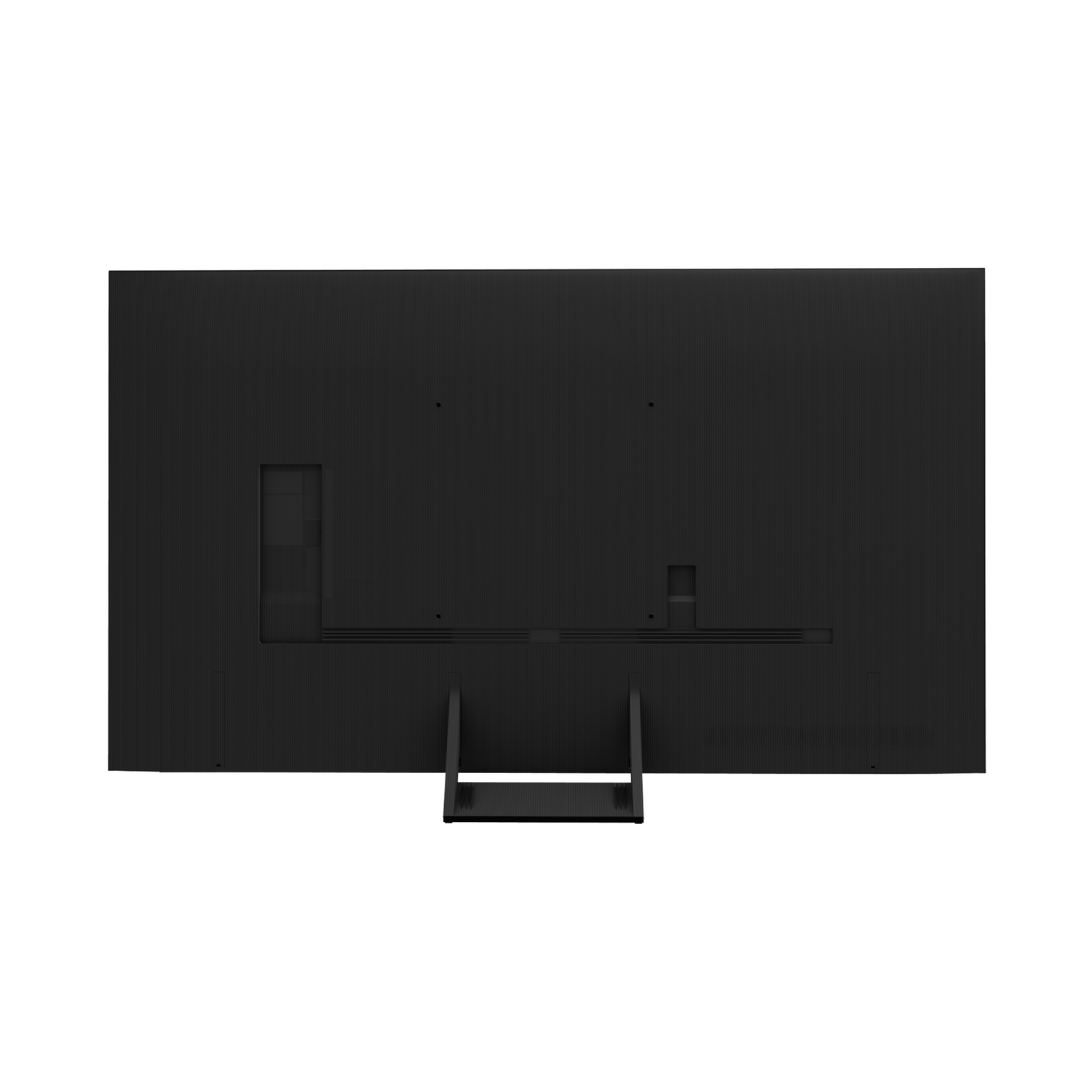 Back of a black TV with stand and ports.