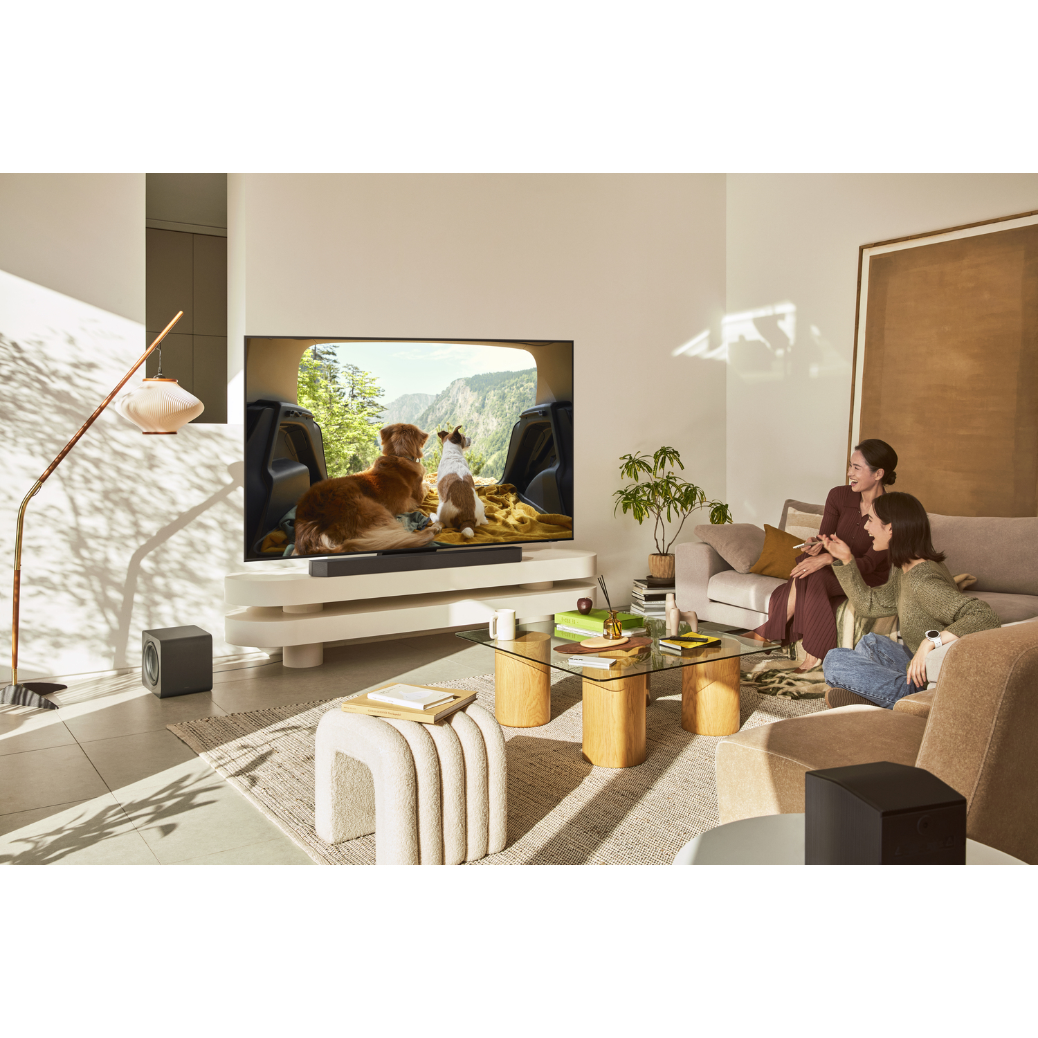 Living room with TV, two women, couch, table, plants. Dogs on TV screen.