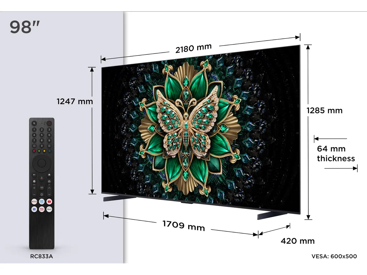 Televisor grande con mando a distancia, dimensiones: 98 pulgadas, 2180 mm ancho, 1247 mm alto, 64 mm grosor.