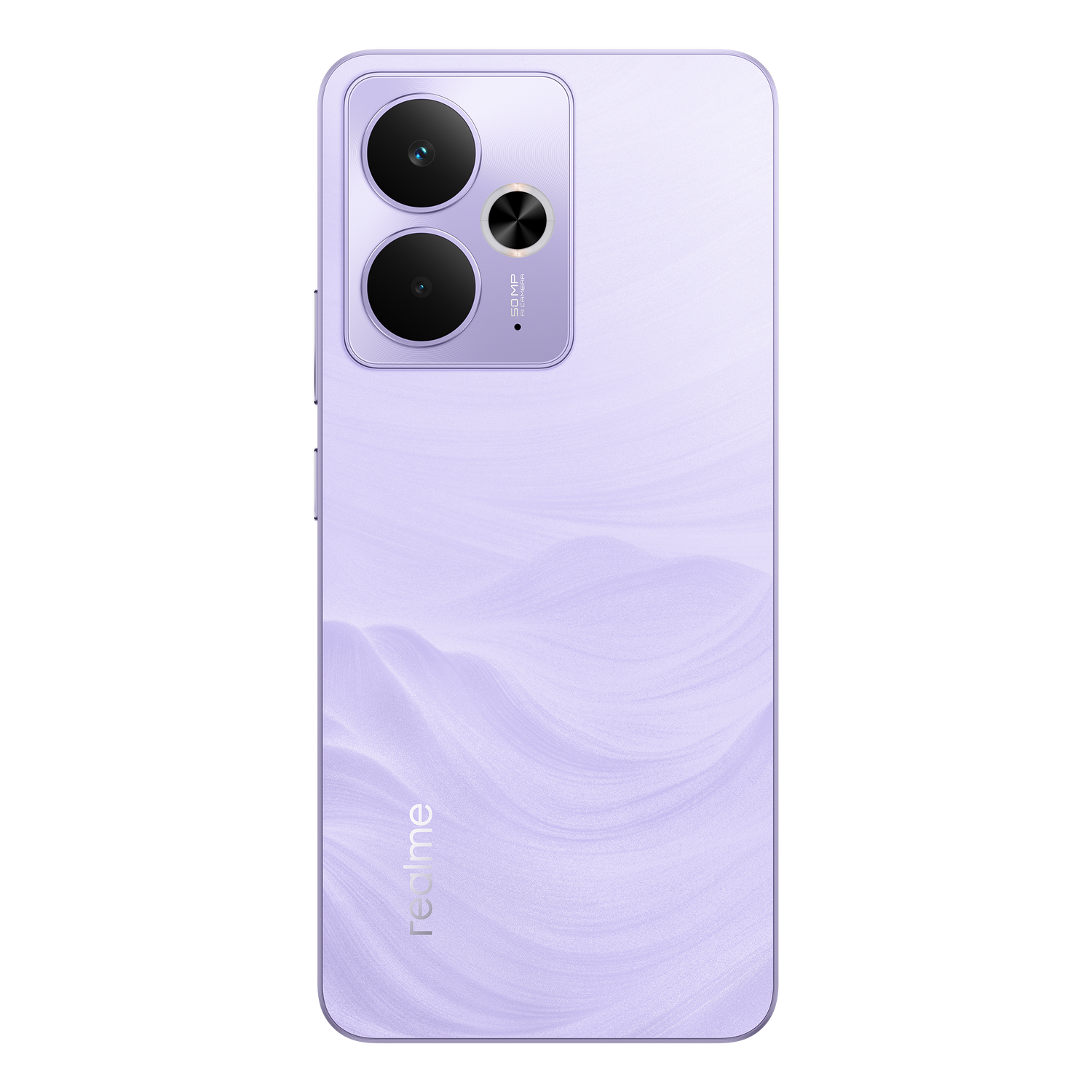Parte trasera de smartphone morado con cámaras duales y el logotipo de Realme. Patrón de ondas. Fondo negro.