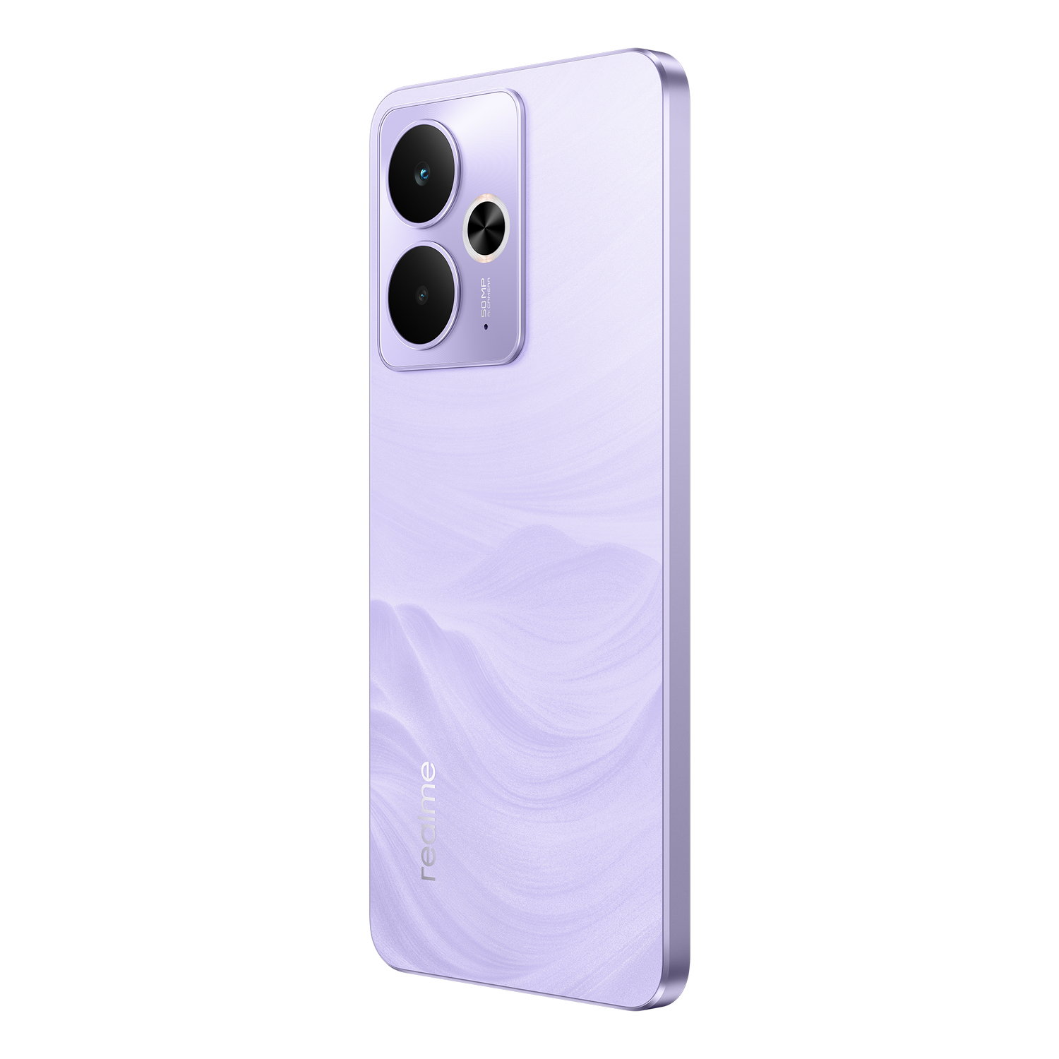 Lateral de smartphone morado con cámaras duales y el logotipo de Realme. Patrón de ondas. Fondo negro.