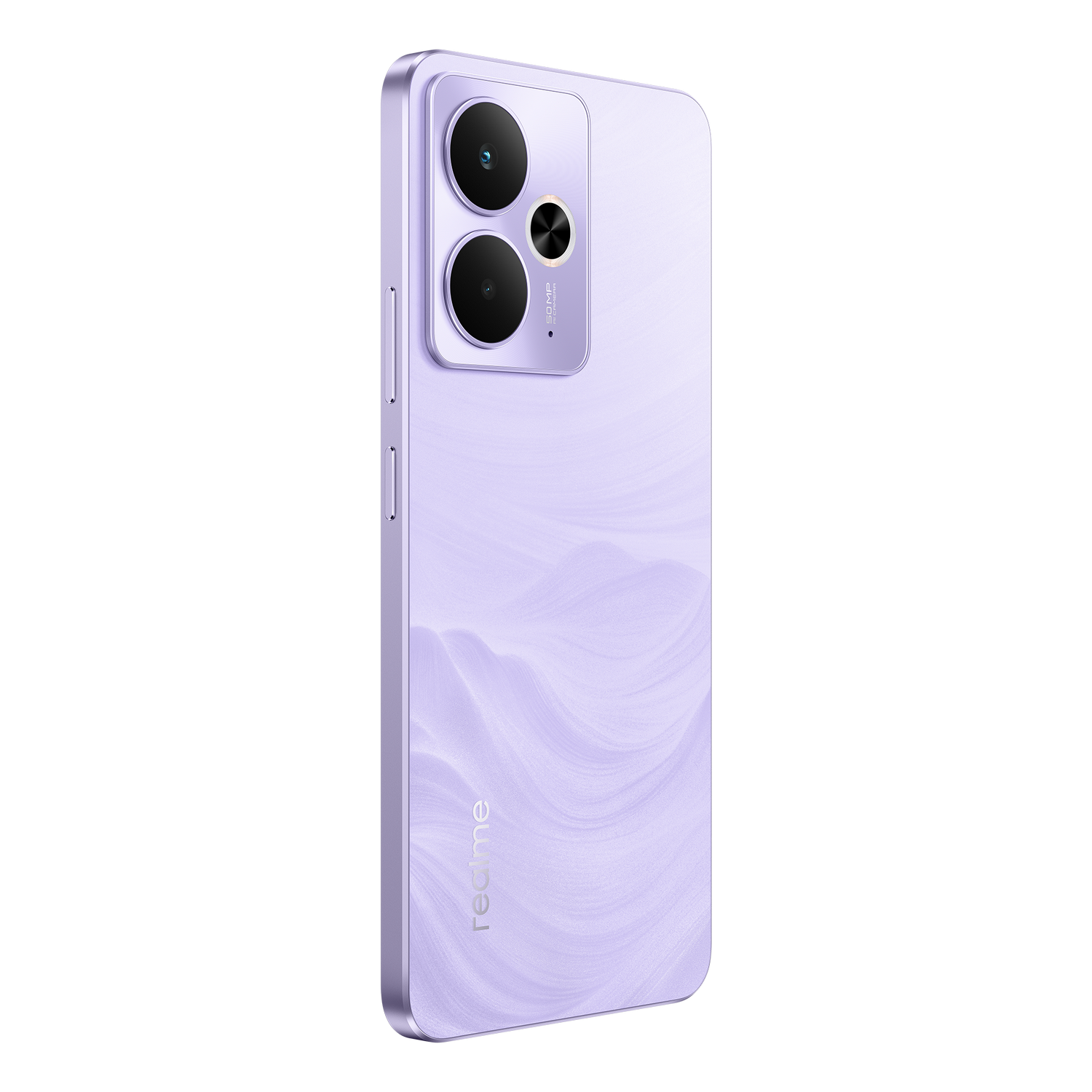 Lateral de smartphone morado con cámaras duales y el logotipo de Realme. Patrón de ondas. Fondo negro.