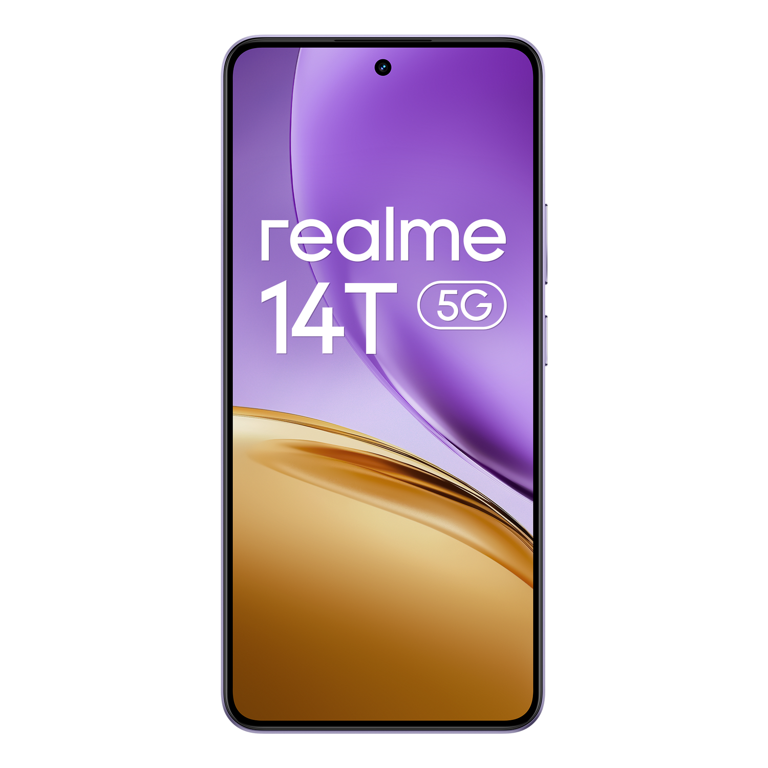 Smartphone morado con texto en pantalla. Fondo negro. Degradado dorado y morado.