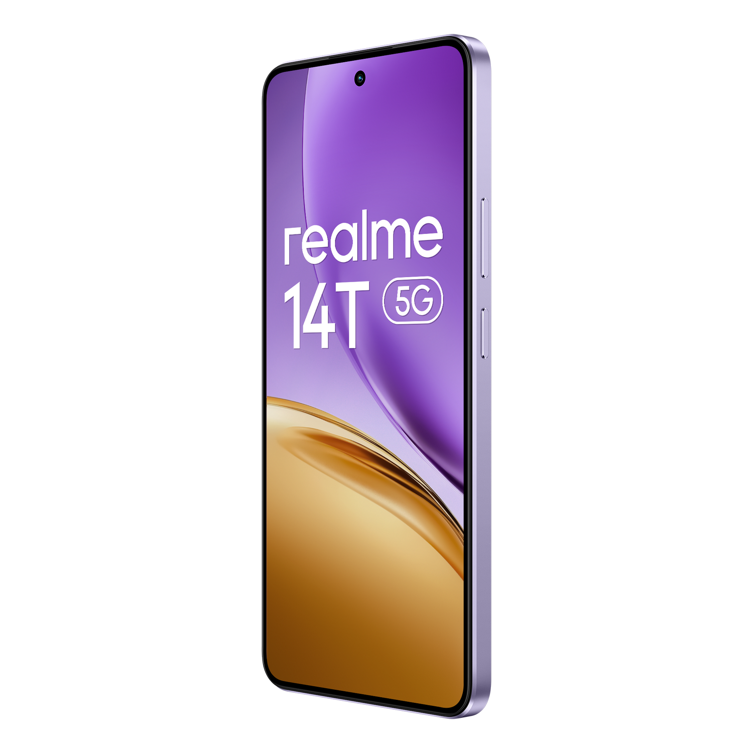 Smartphone morado con texto en pantalla. Fondo negro. Degradado dorado y morado.