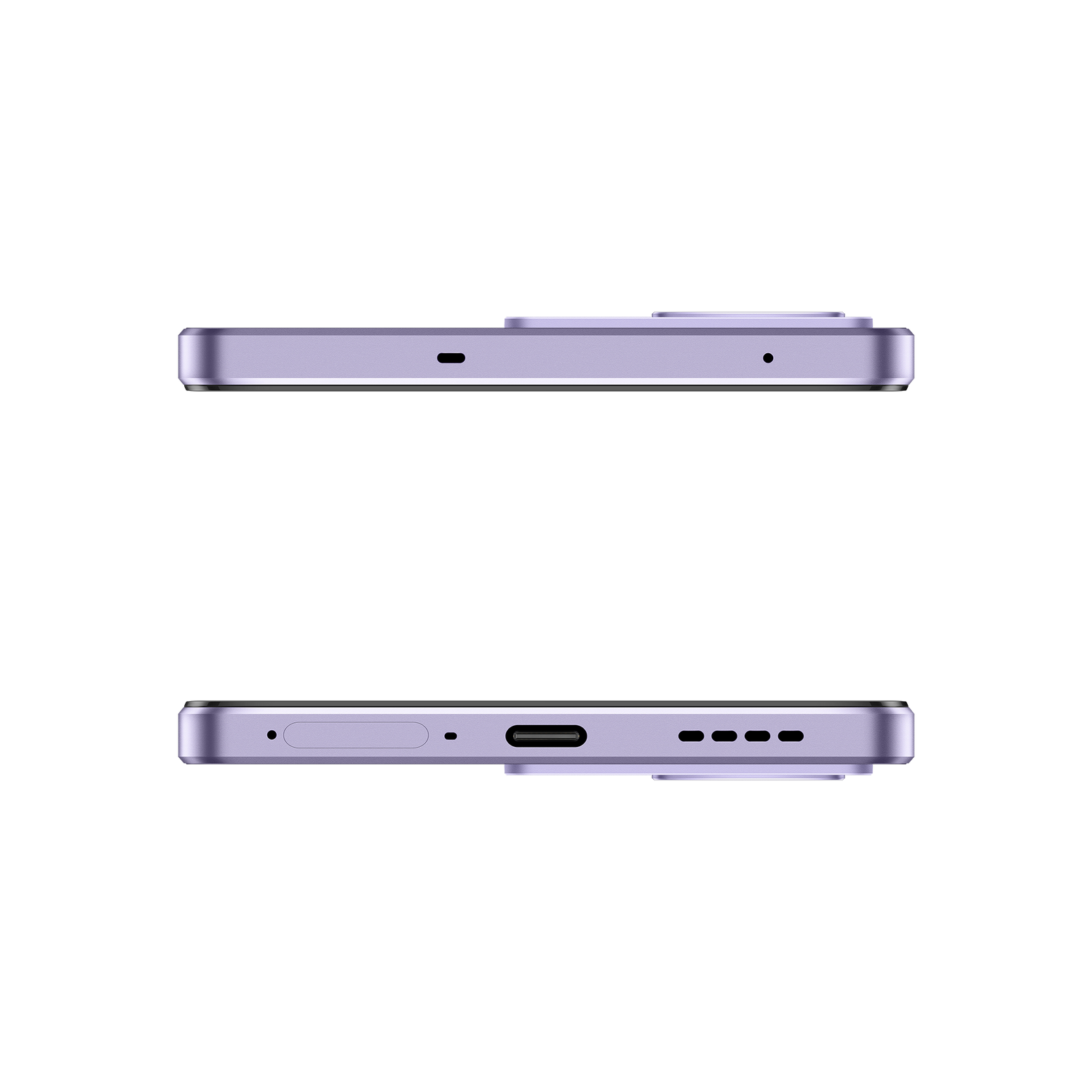 Dos smartphones, vista inferior. Color morado. Fondo negro.