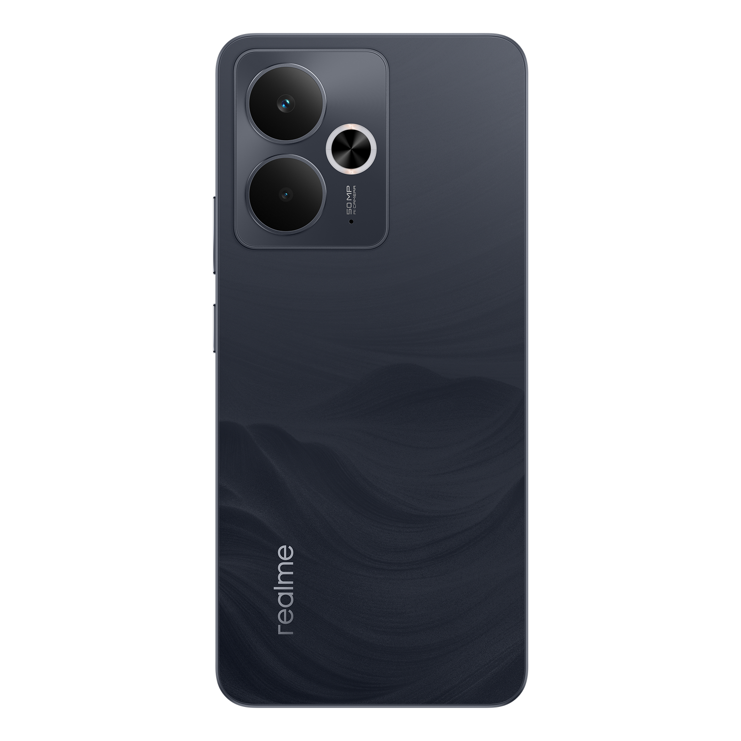 Parte trasera de un smartphone azul oscuro con dos cámaras y el logo de Realme.