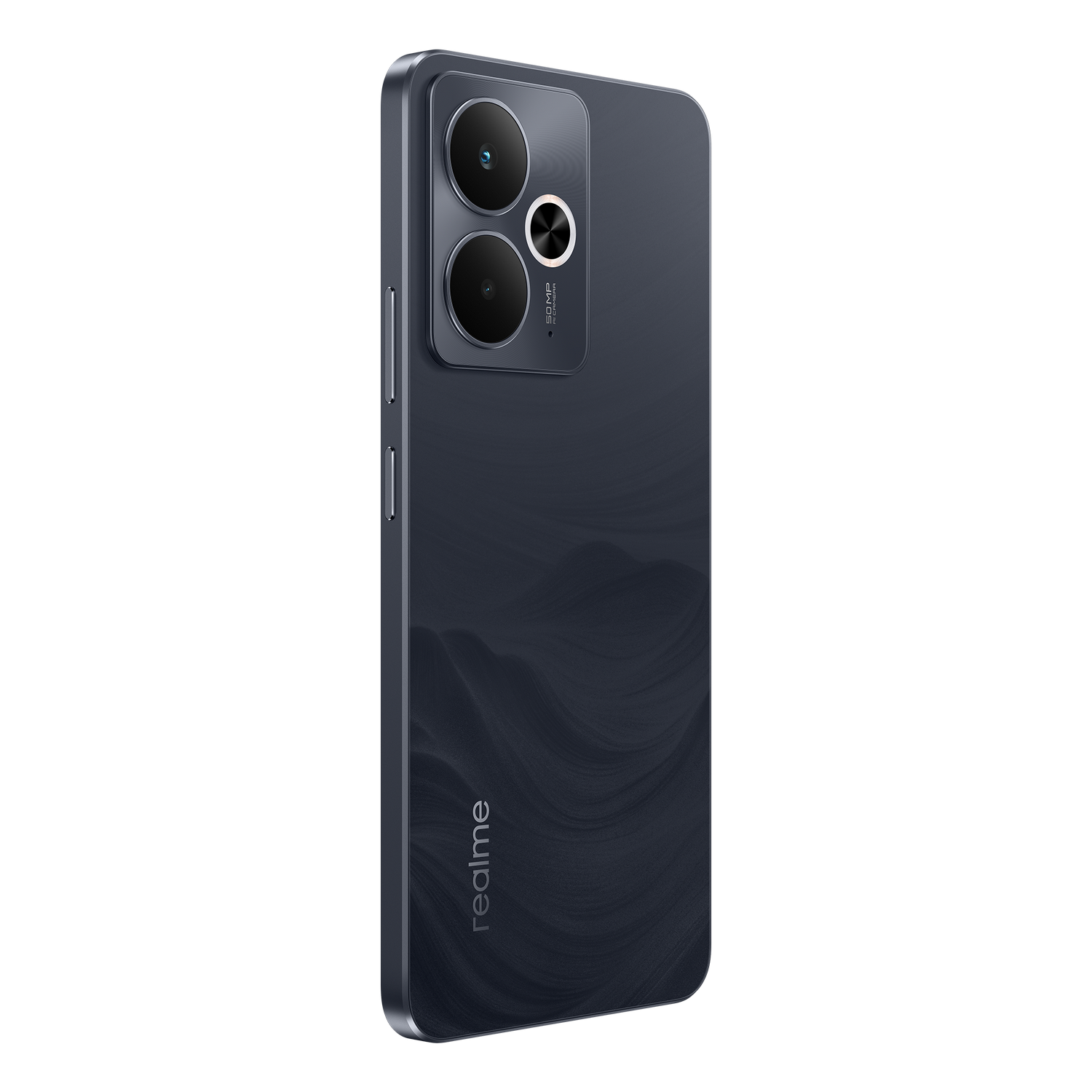 Smartphone azul oscuro con cámaras, logo Realme y fondo negro.