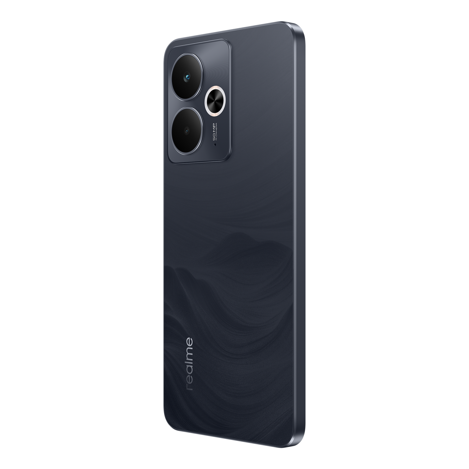 Smartphone azul oscuro con cámaras, logo Realme y fondo negro.