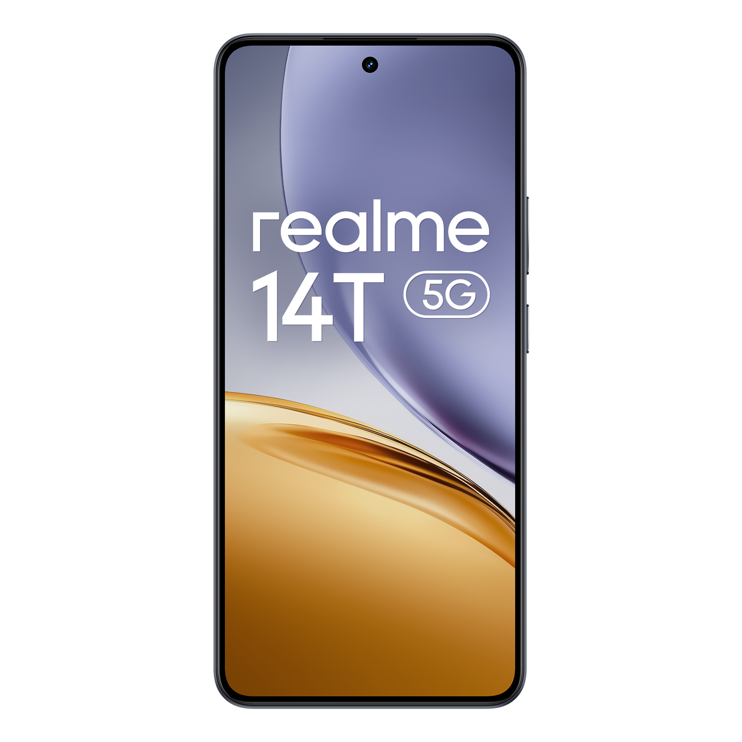Smartphone Realme 14T 5G con texto y degradado de color en la pantalla.