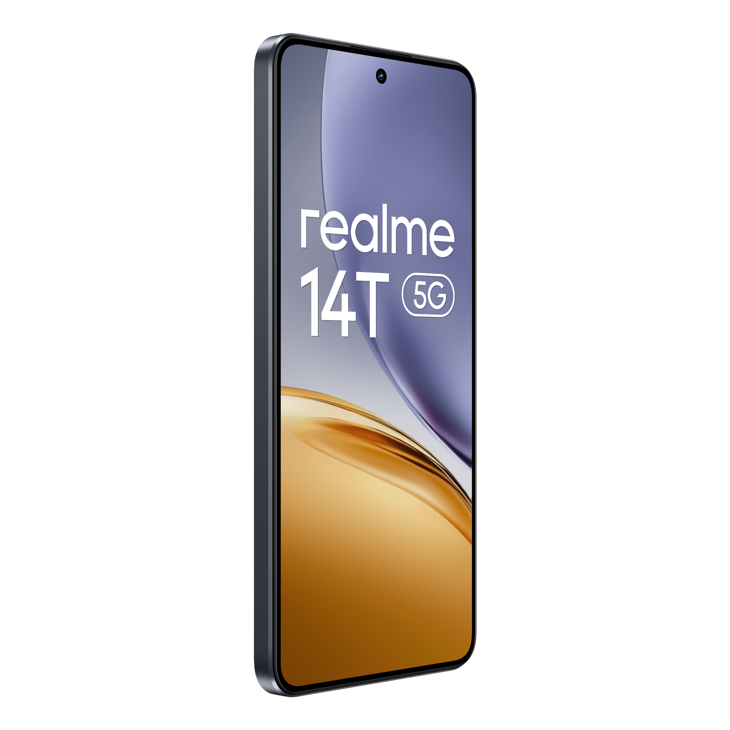 Smartphone Realme 14T 5G con texto y degradado de color en la pantalla.