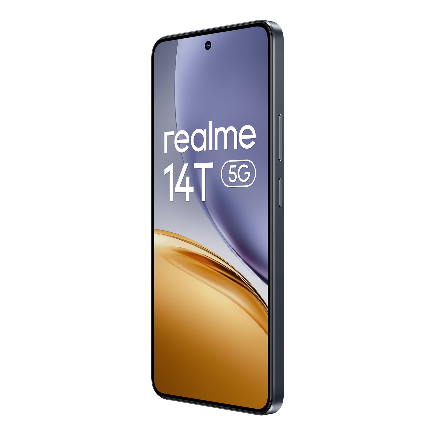 Smartphone Realme 14T 5G con texto y degradado de color en la pantalla.