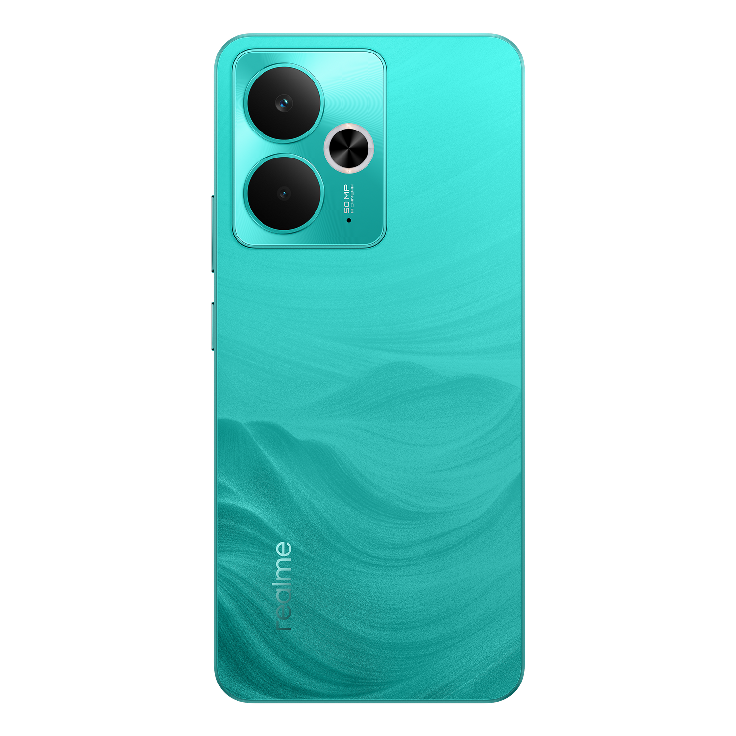Parte trasera de un smartphone turquesa con dos cámaras y el logo Realme.