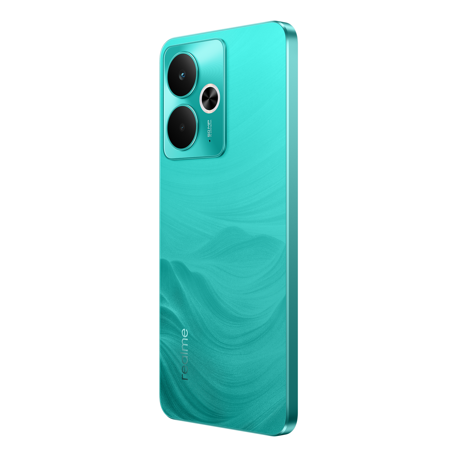 Smartphone turquesa, cámaras, diseño trasero ondulado, texto 'realme'. Fondo negro.