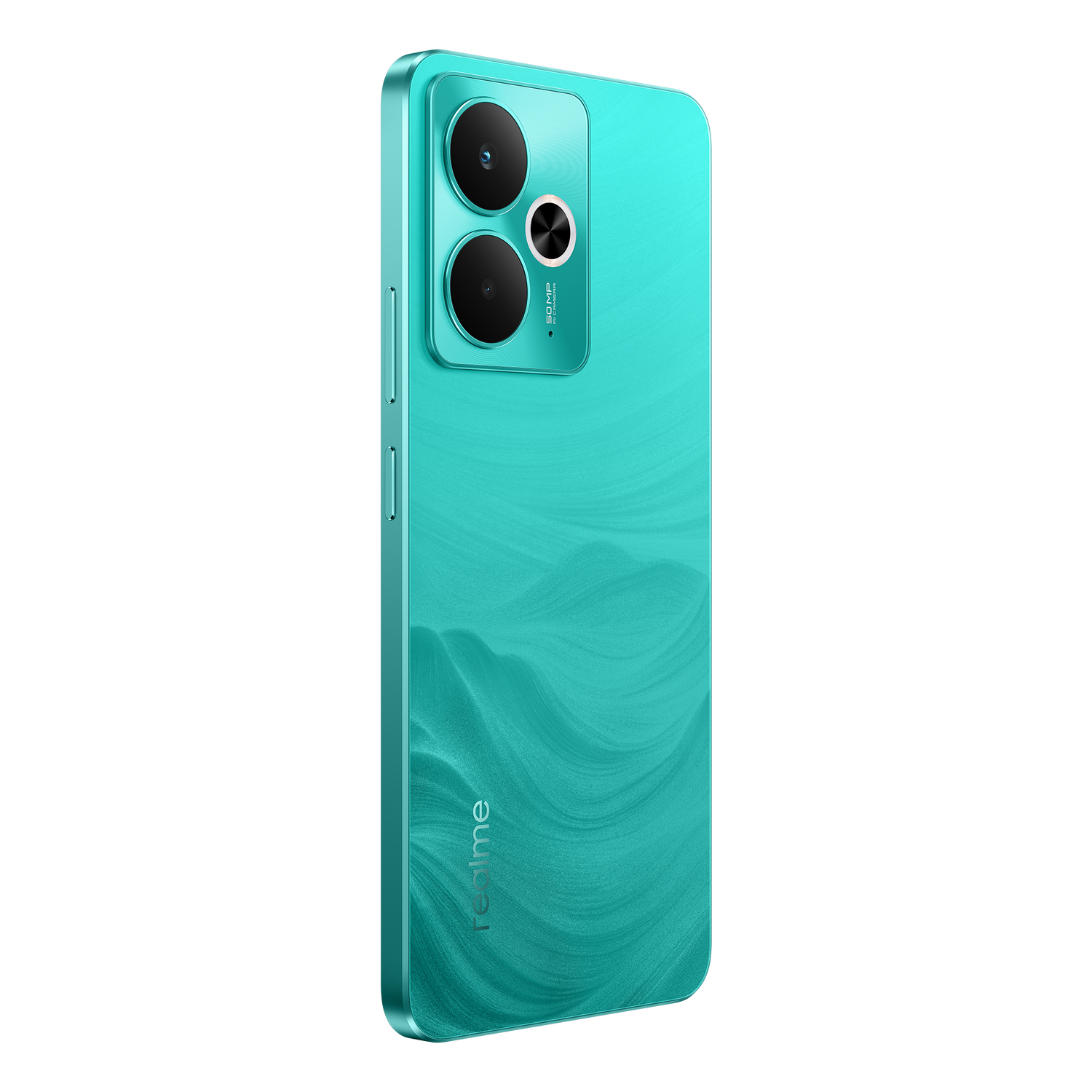 Smartphone turquesa, cámaras, diseño trasero ondulado, texto 'realme'. Fondo negro.
