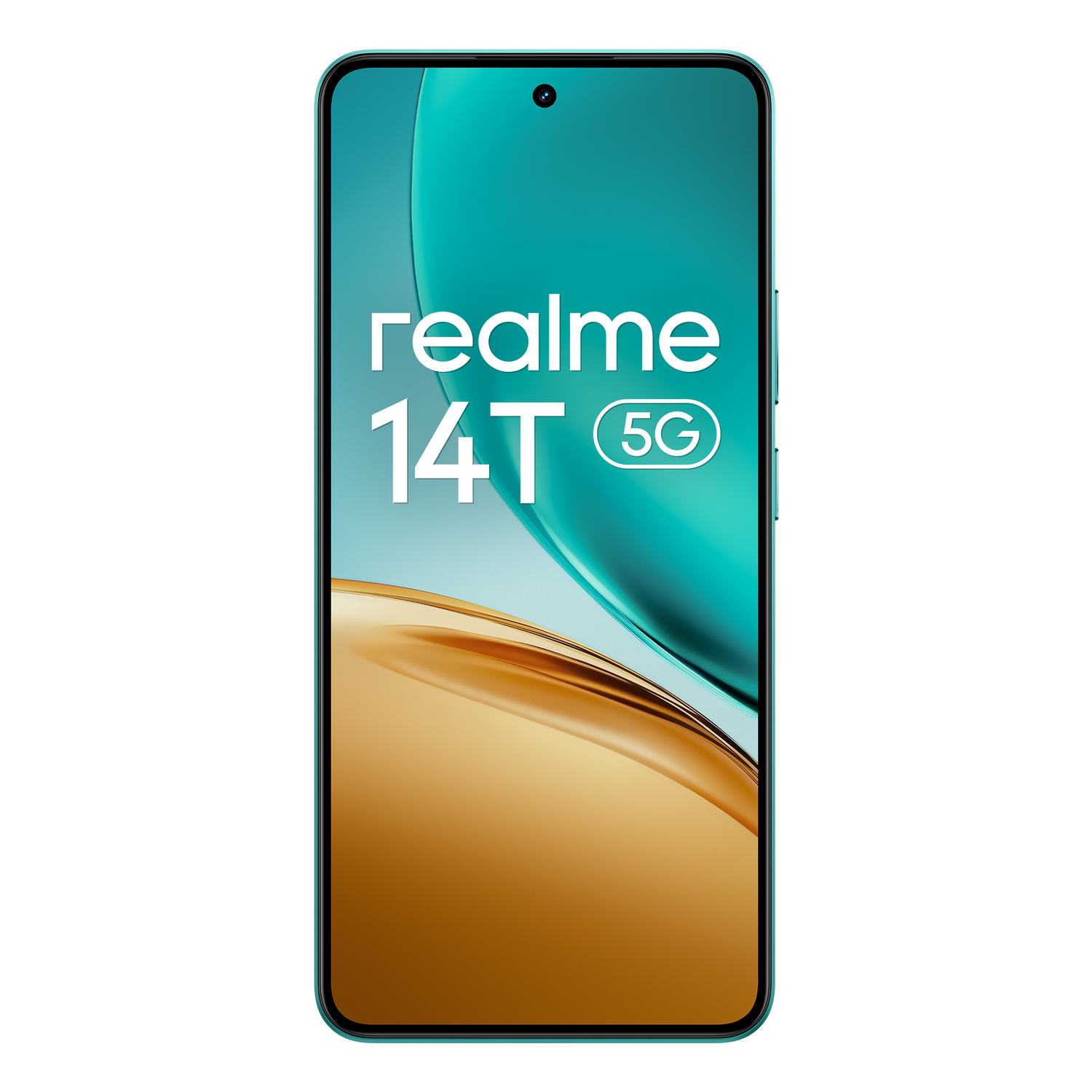 Smartphone turquesa, texto 'realme 14T 5G'. Fondo turquesa y dorado. Fondo negro.