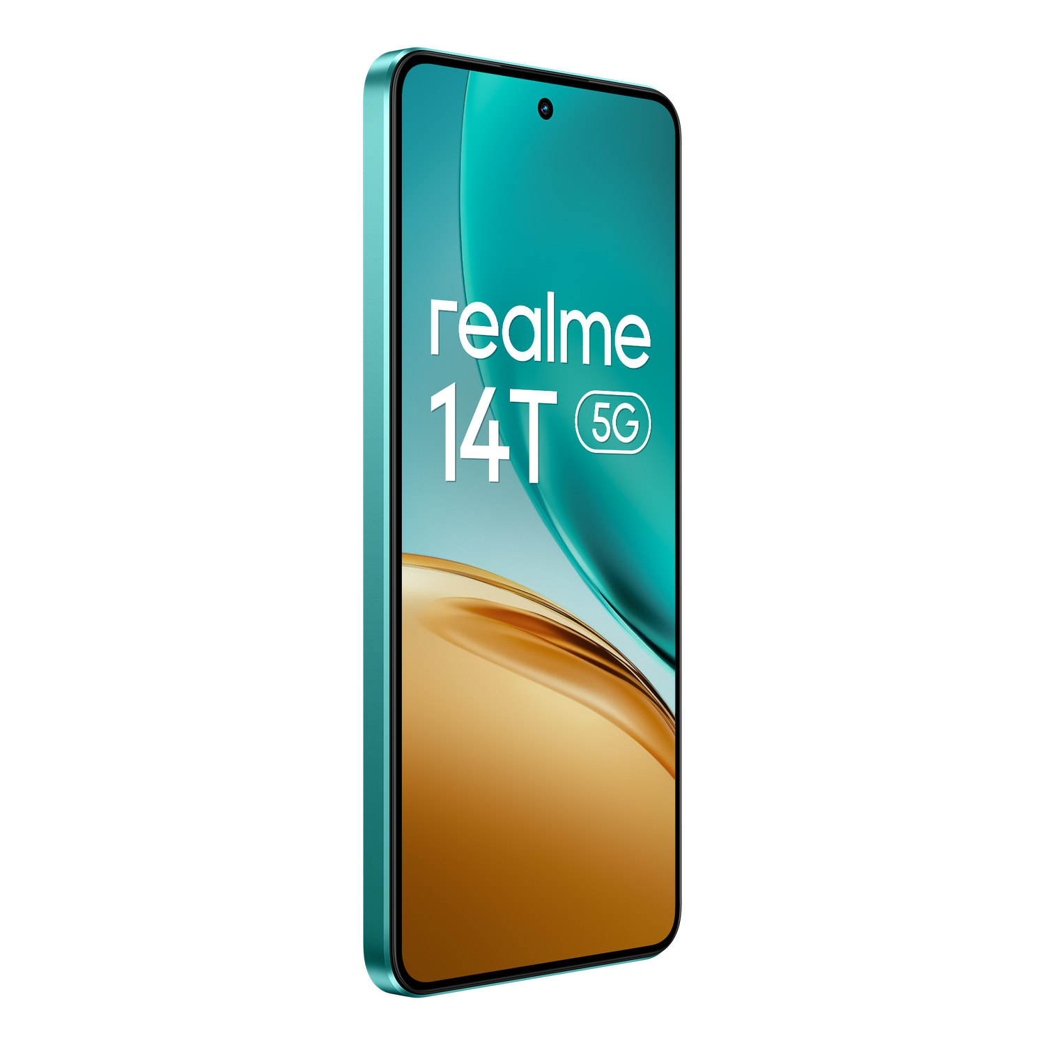 Smartphone turquesa, texto 'realme 14T 5G'. Fondo turquesa y dorado. Fondo negro.