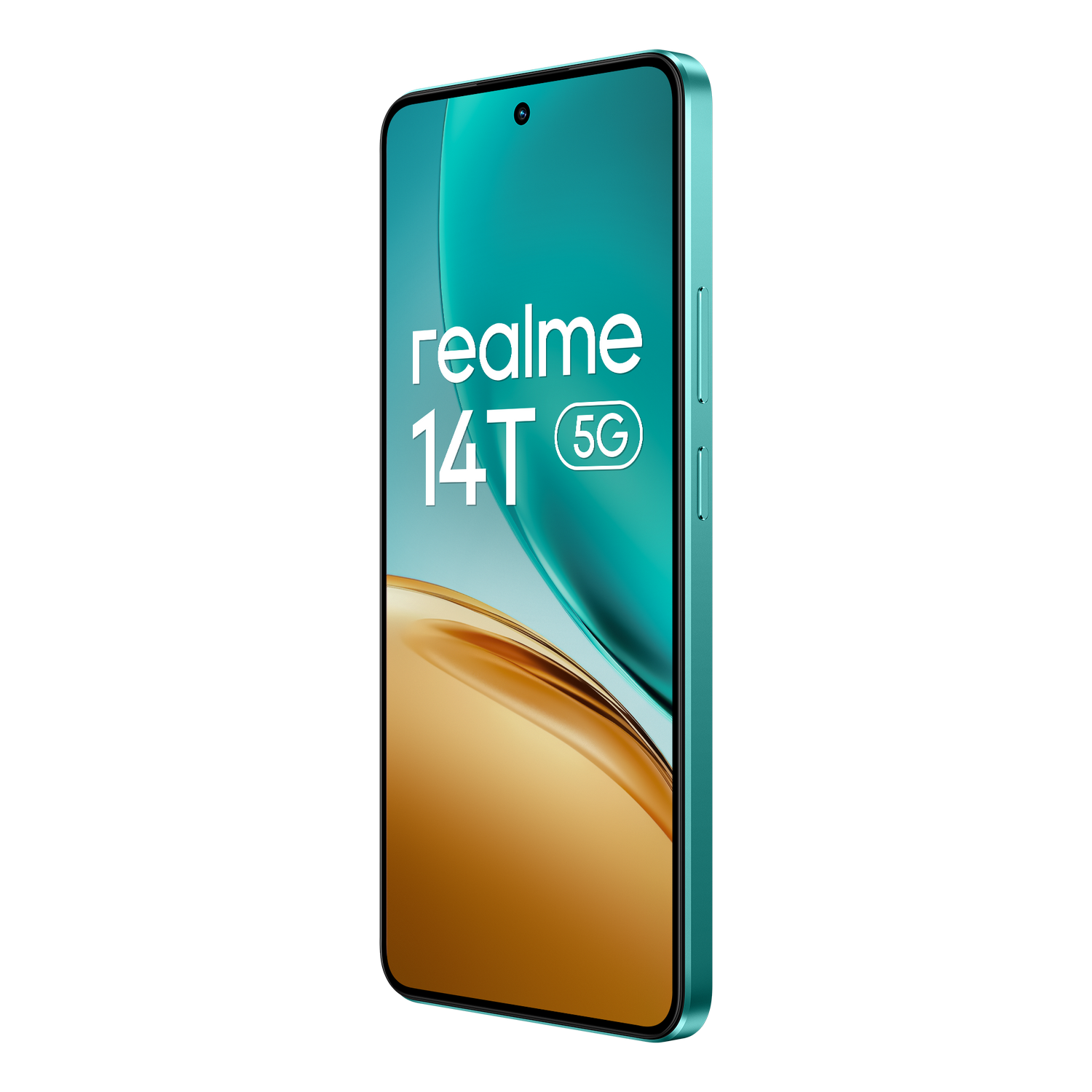 Smartphone turquesa, texto 'realme 14T 5G'. Fondo turquesa y dorado. Fondo negro.