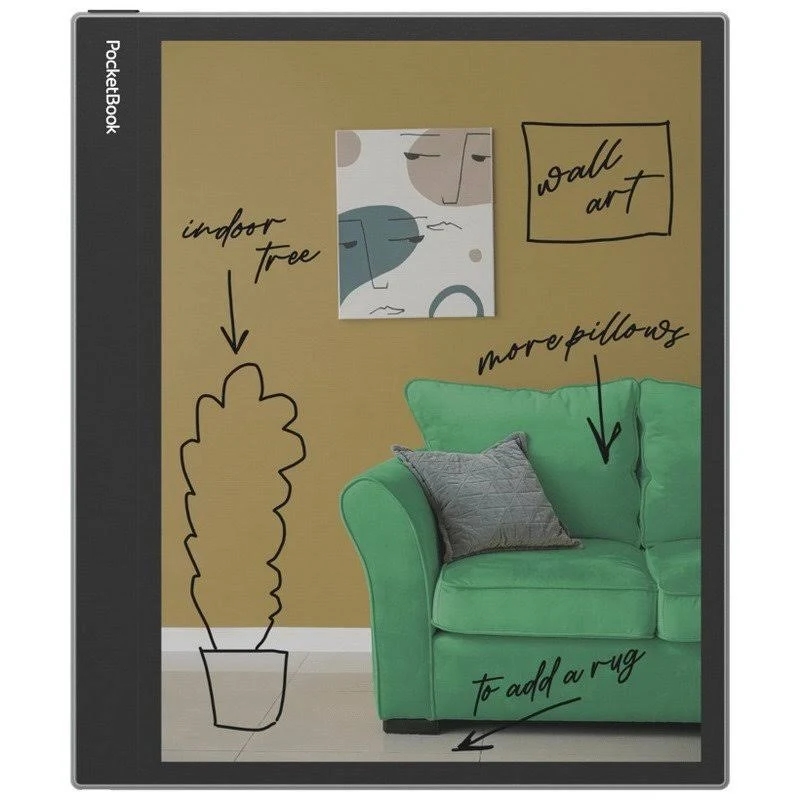 Un sofá verde, una pintura, una planta en maceta y una almohada en una habitación con pared amarilla y e-reader negro.