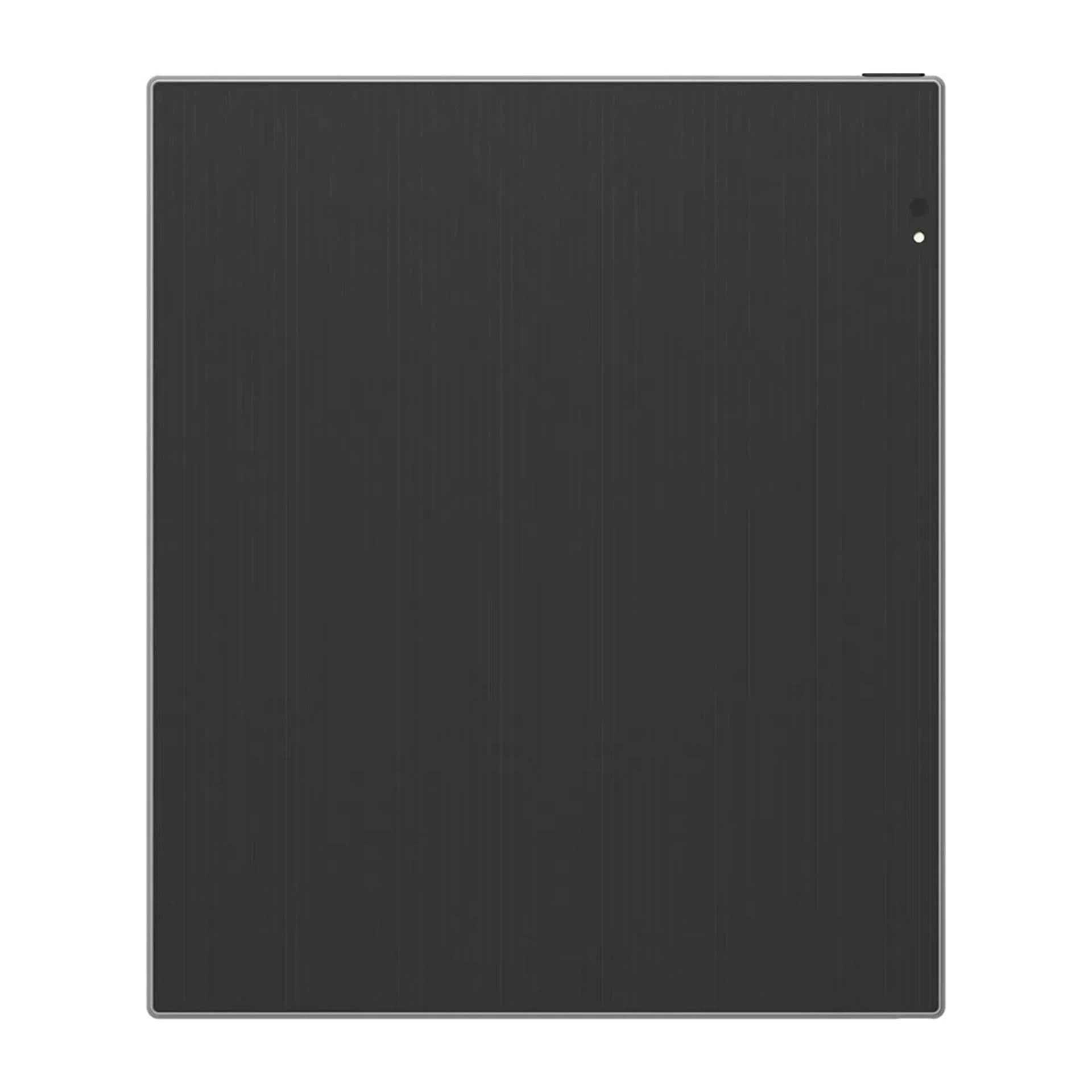 Parte trasera negra y rectangular de un lector electrónico con un pequeño punto en la esquina superior derecha.