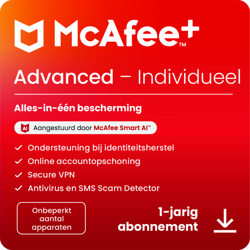 McAfee+ Advanced Individueel Abonnement van 1 Jaar (Digitale Download)