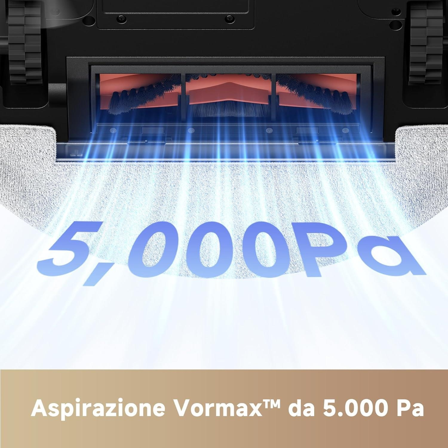 Primo piano del sottosella del robot, che aspira con 5.000 Pa, effetti di luce blu.