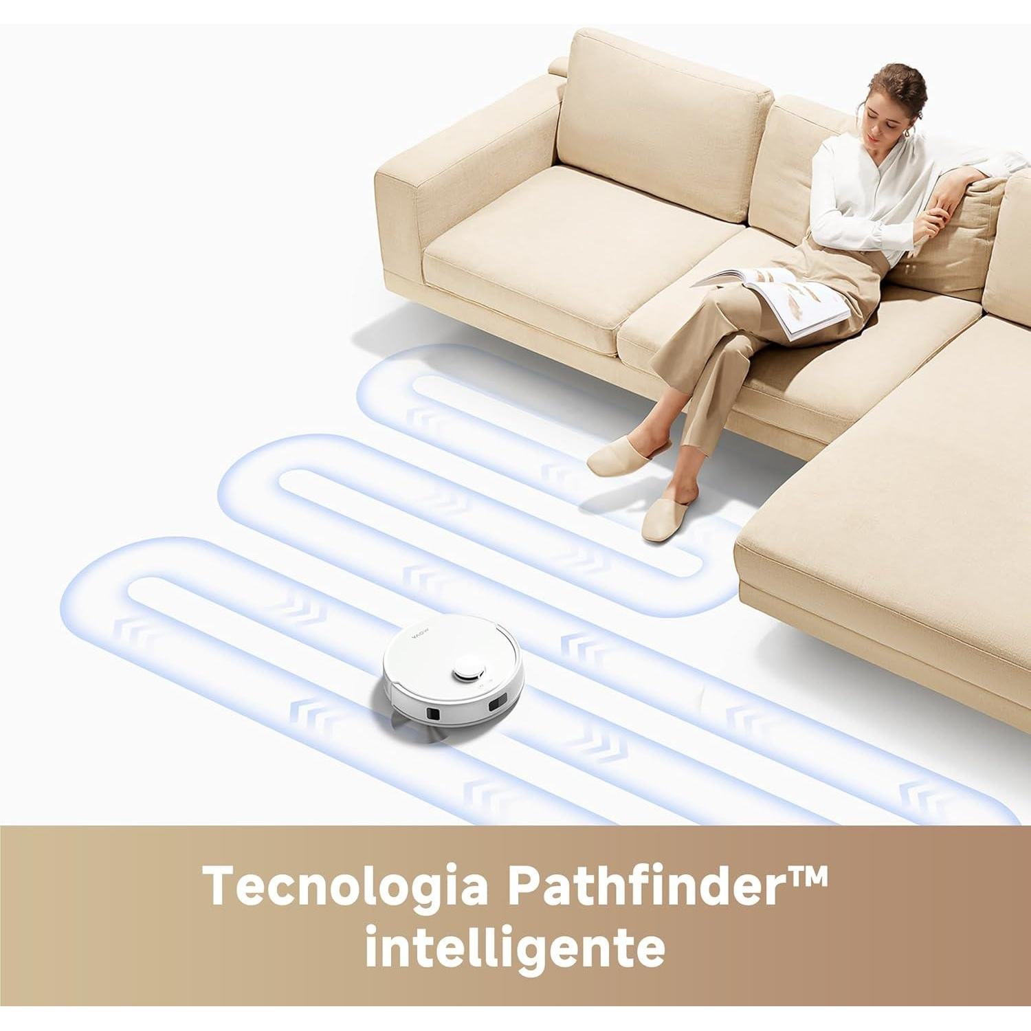Un aspirapolvere robot bianco segue una linea blu accanto a una donna su un divano.