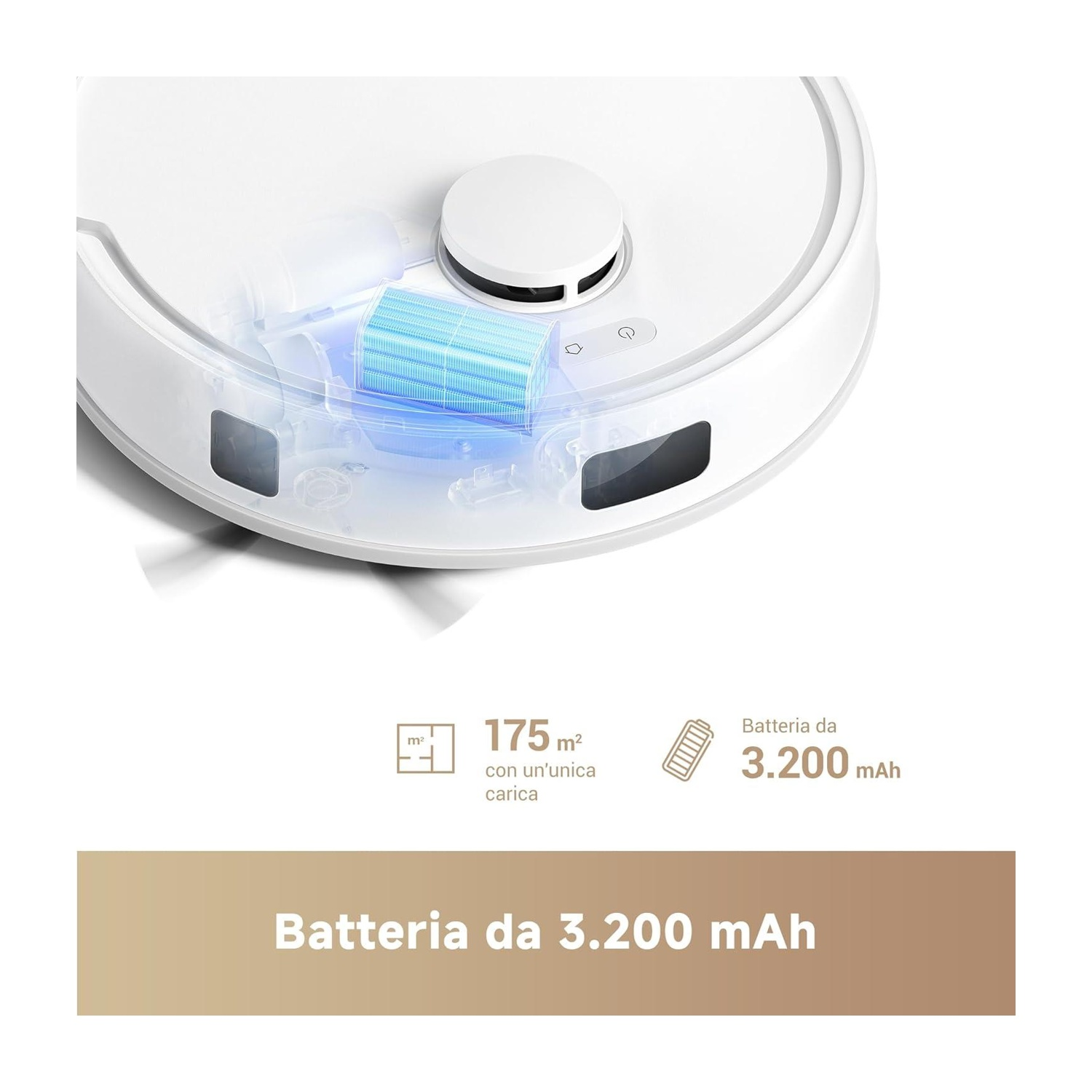 Primo piano del robot, pulisce 175 m² con una carica, batteria da 3.200 mAh.