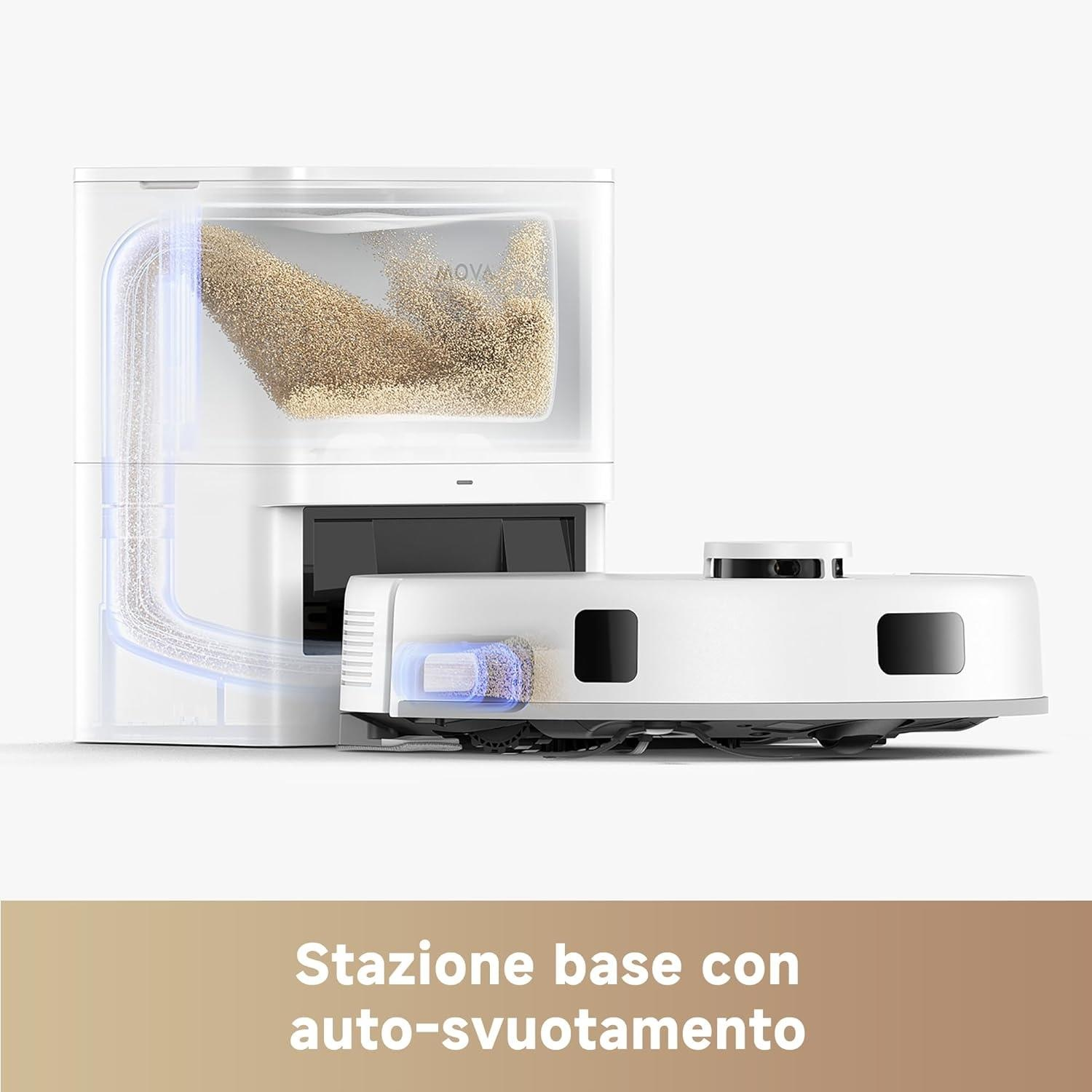 Robot e stazione base con svuotamento automatico, il contenitore si riempie di sporco.
