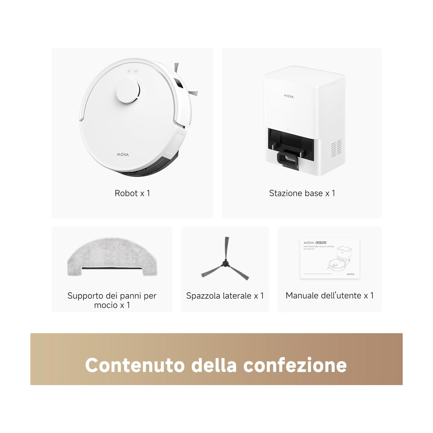 Varie componenti di un robot: robot, stazione base, supporto per mocio, spazzola, manuale.