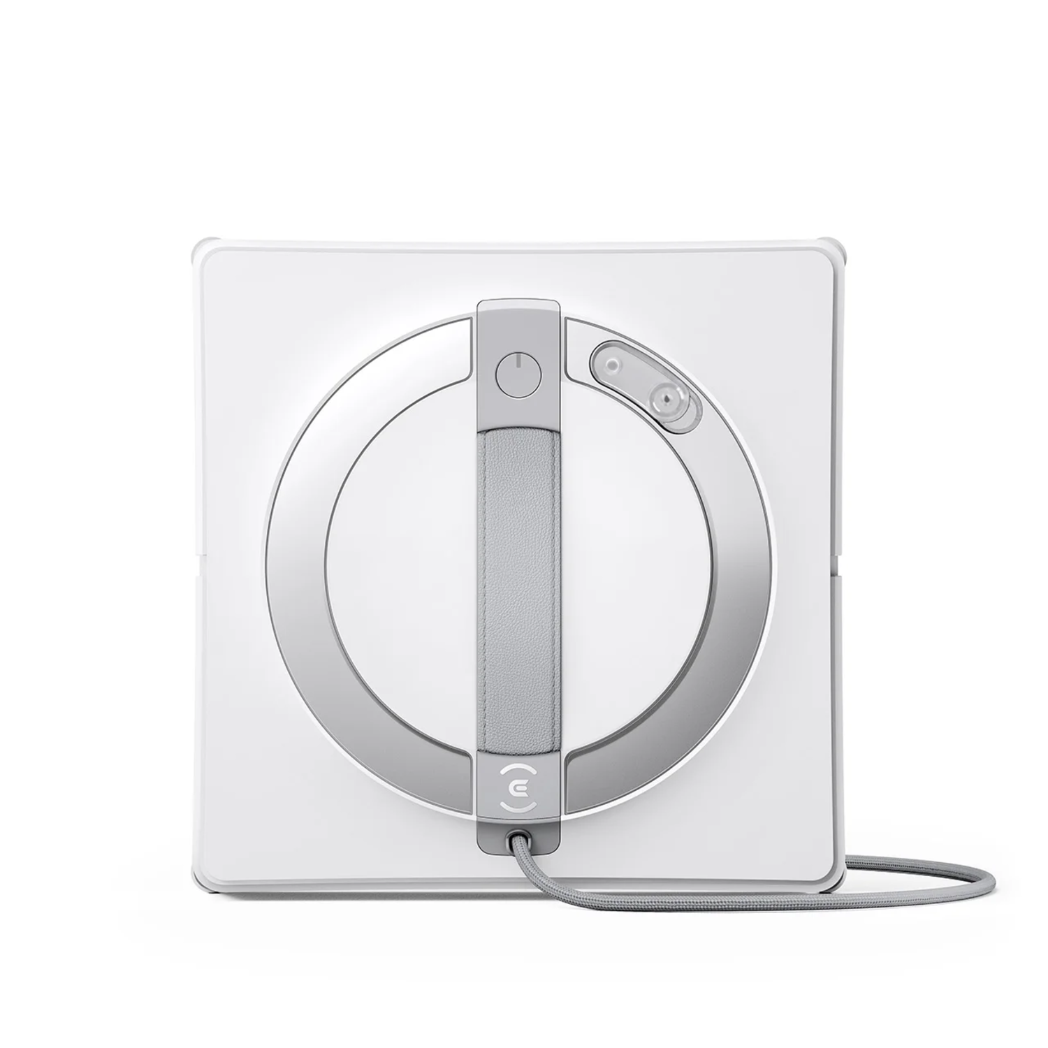 Een witte ramenreinigingsrobot met zilveren handvat en grijze kabel, bovenaanzicht.