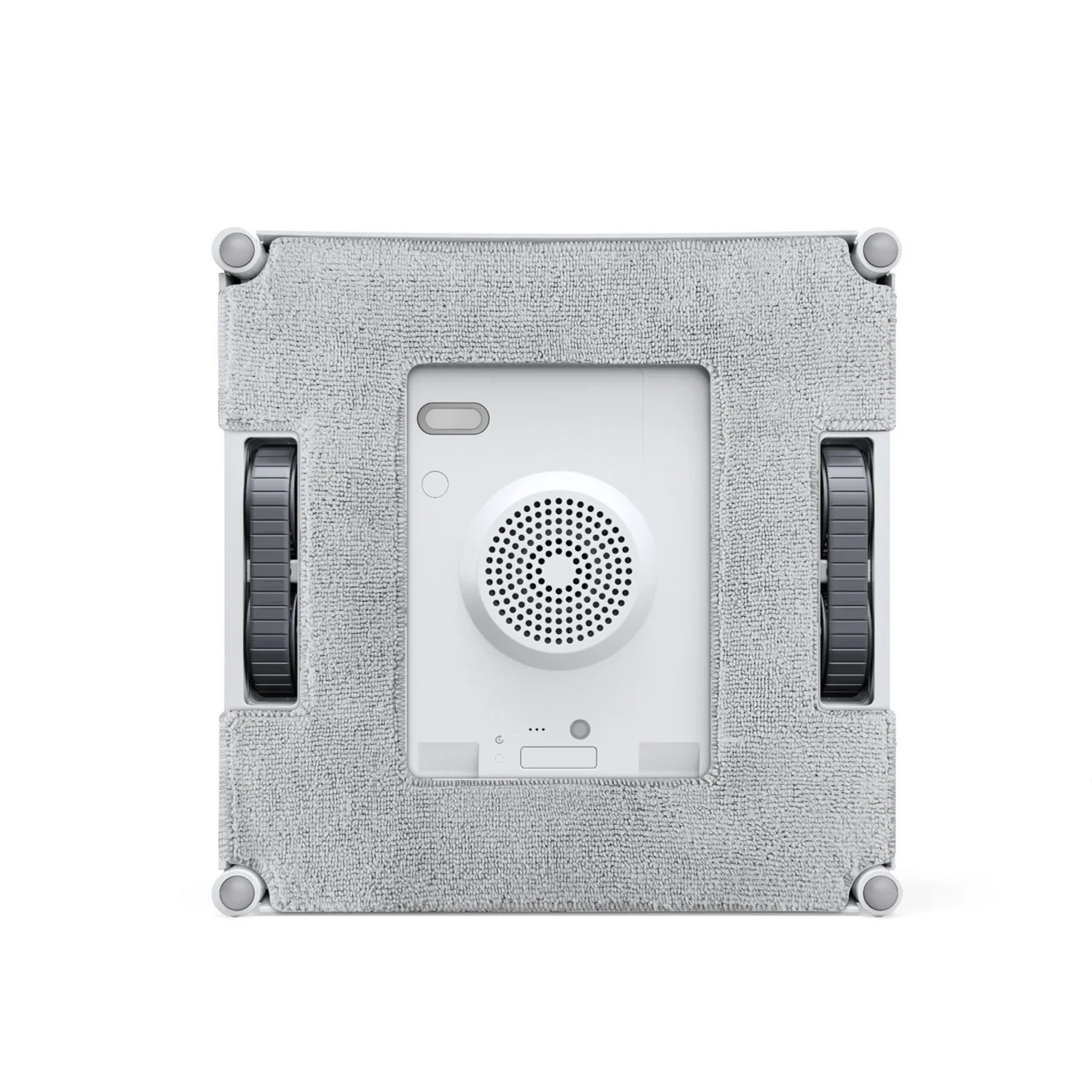 Achterkant van een witte ramenreinigingsrobot met grijze microvezeldoek en rollen.