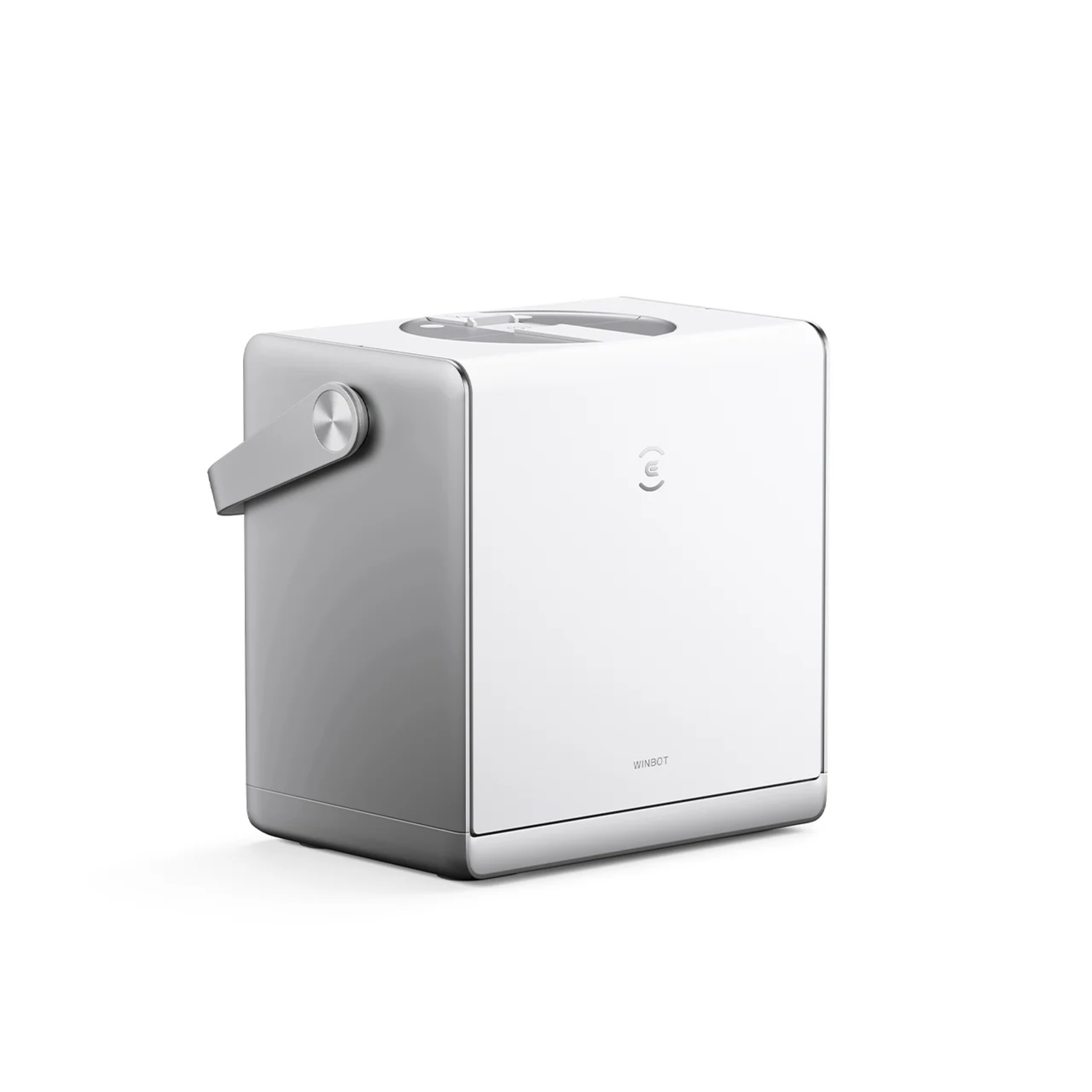 Een witte kubus met zilveren accenten en een handvat, WINBOT-logo.