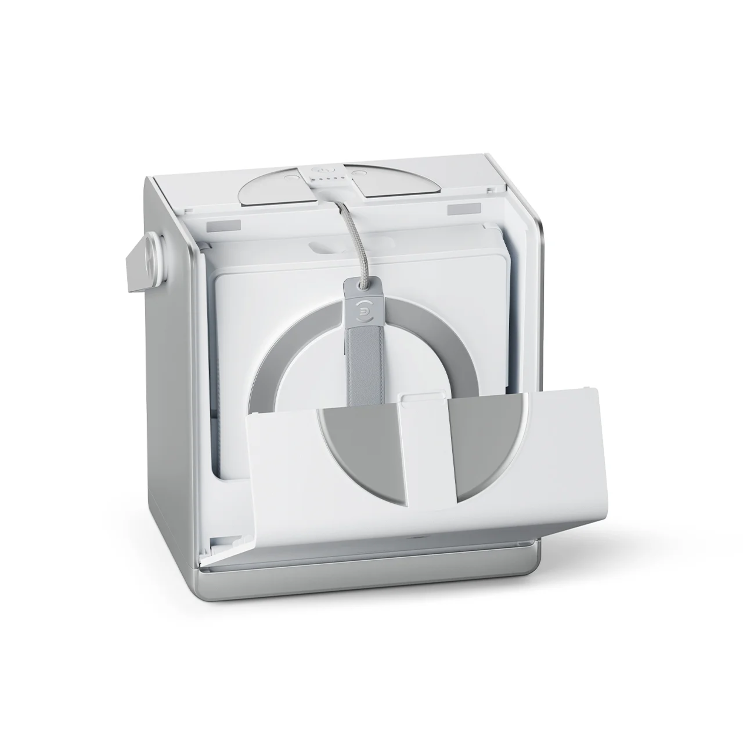 Een open witte ramenreinigingsrobot met zilveren accenten en handvat.