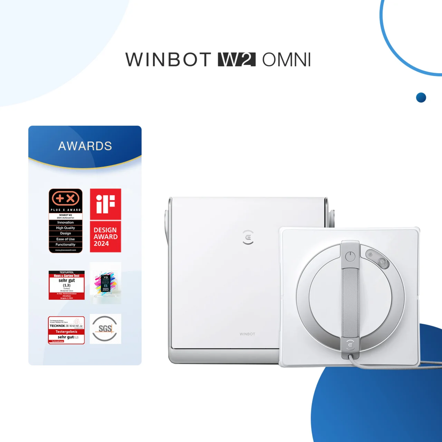 WINBOT W2 OMNI met prijzen en twee witte ramenreinigingsrobots.