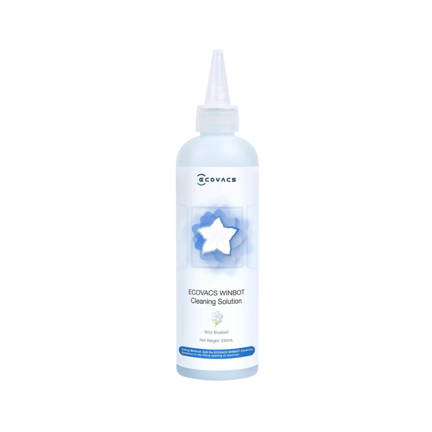 Blauwe reinigingsfles met witte dop en applicator, ECOVACS-logo en ster, Wild Bluebell.