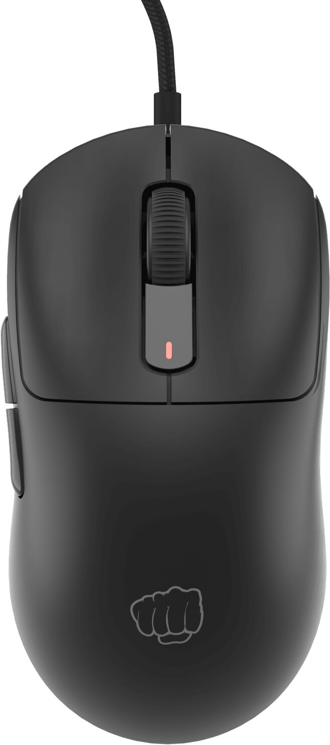 Czarna przewodowa mysz do gier z logo pięści. Przyciski, kółko i czerwone światło.