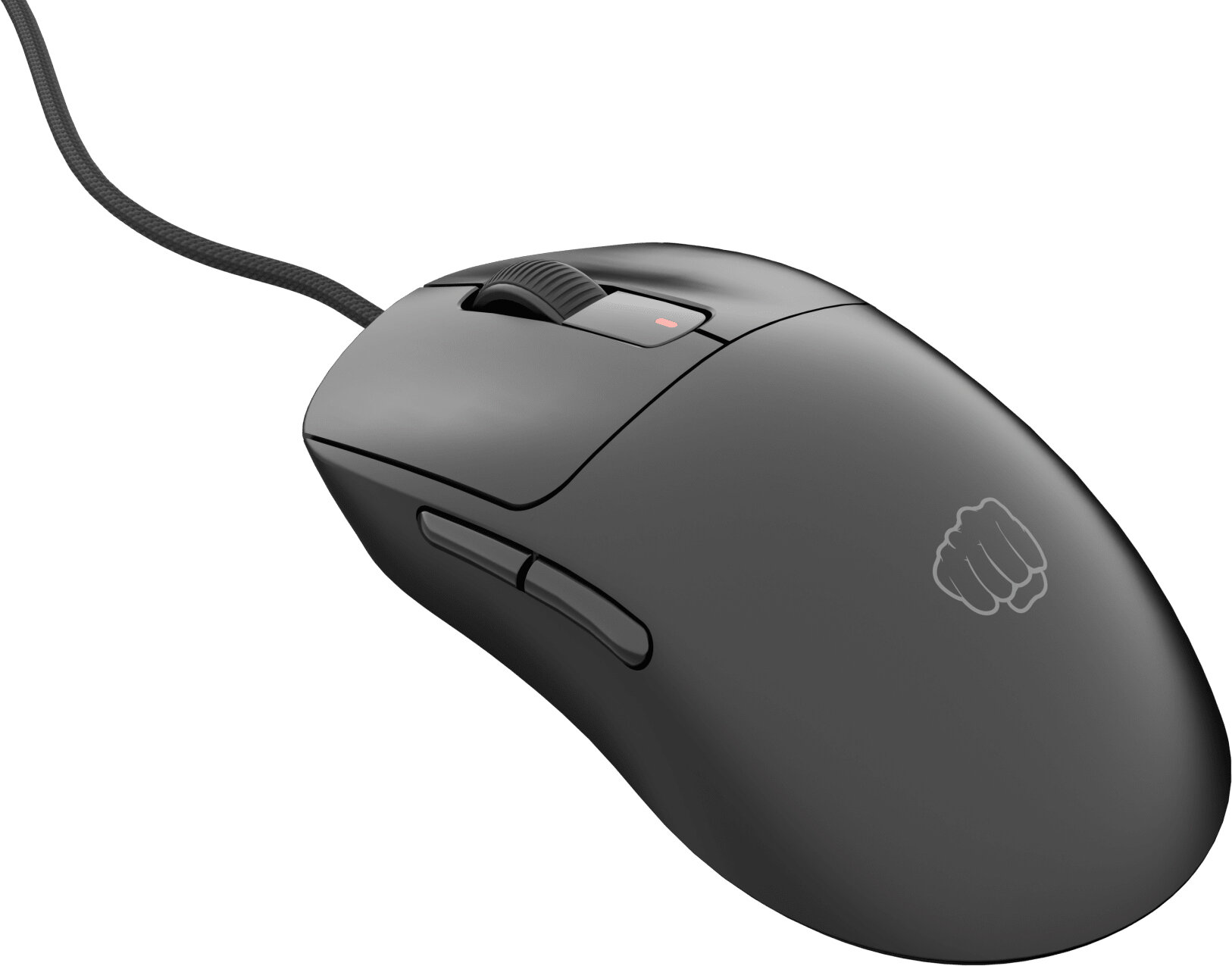 Czarna przewodowa mysz do gier, widok z boku. Przyciski, kółko i logo pięści.