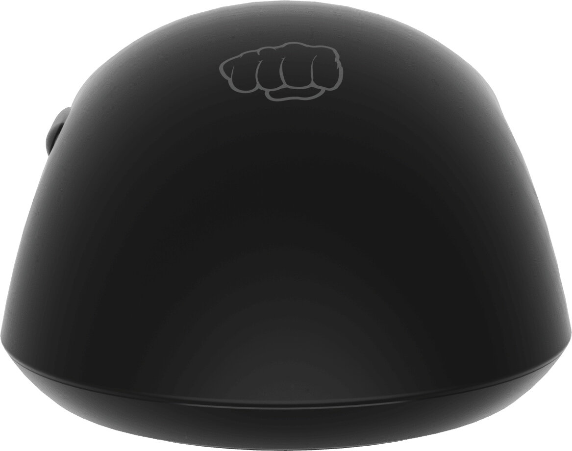 Czarna mysz do gier, widok od spodu. Logo pięści na podstawie.