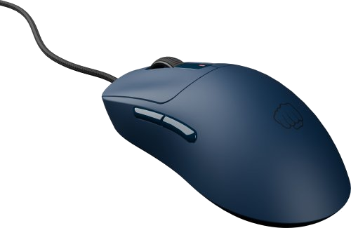 Niebieska przewodowa mysz do gier, widok z boku. Przyciski, kółko i logo pięści.